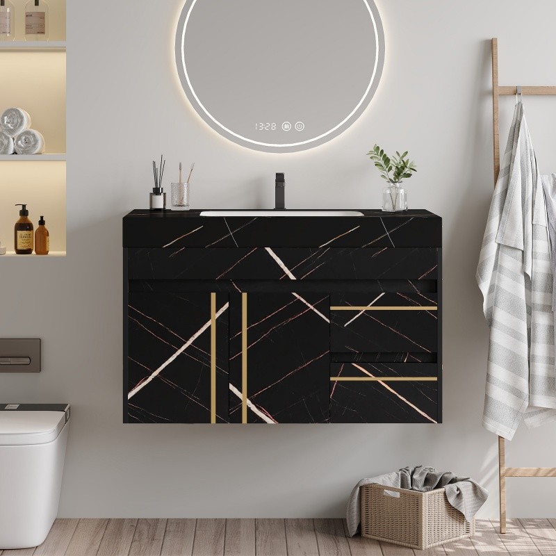 35.4in Bathroom Vanity w/Ceramic Sink Wall Mount Floating Cabinet for Small Room