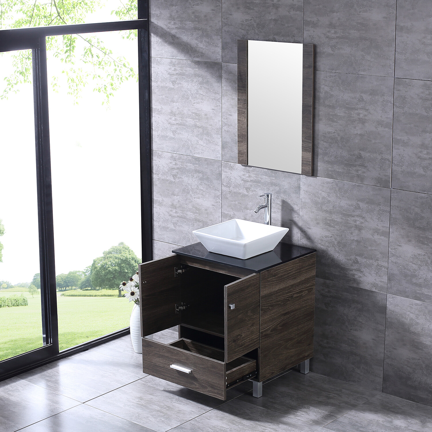 24″Bathroom Vanity Wood Cabinet White Ceramic Sink Bowl Basin Brown Mirror Combo