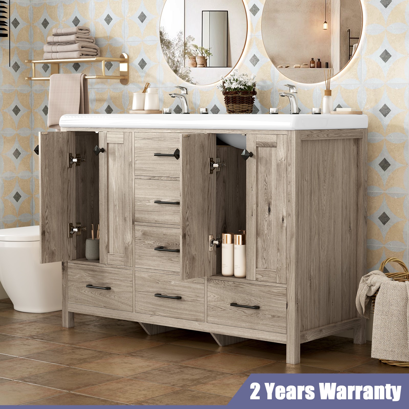 Bathroom Vanity Cabinet with Double Sink Vanity with Ceramic Sink Freestanding
