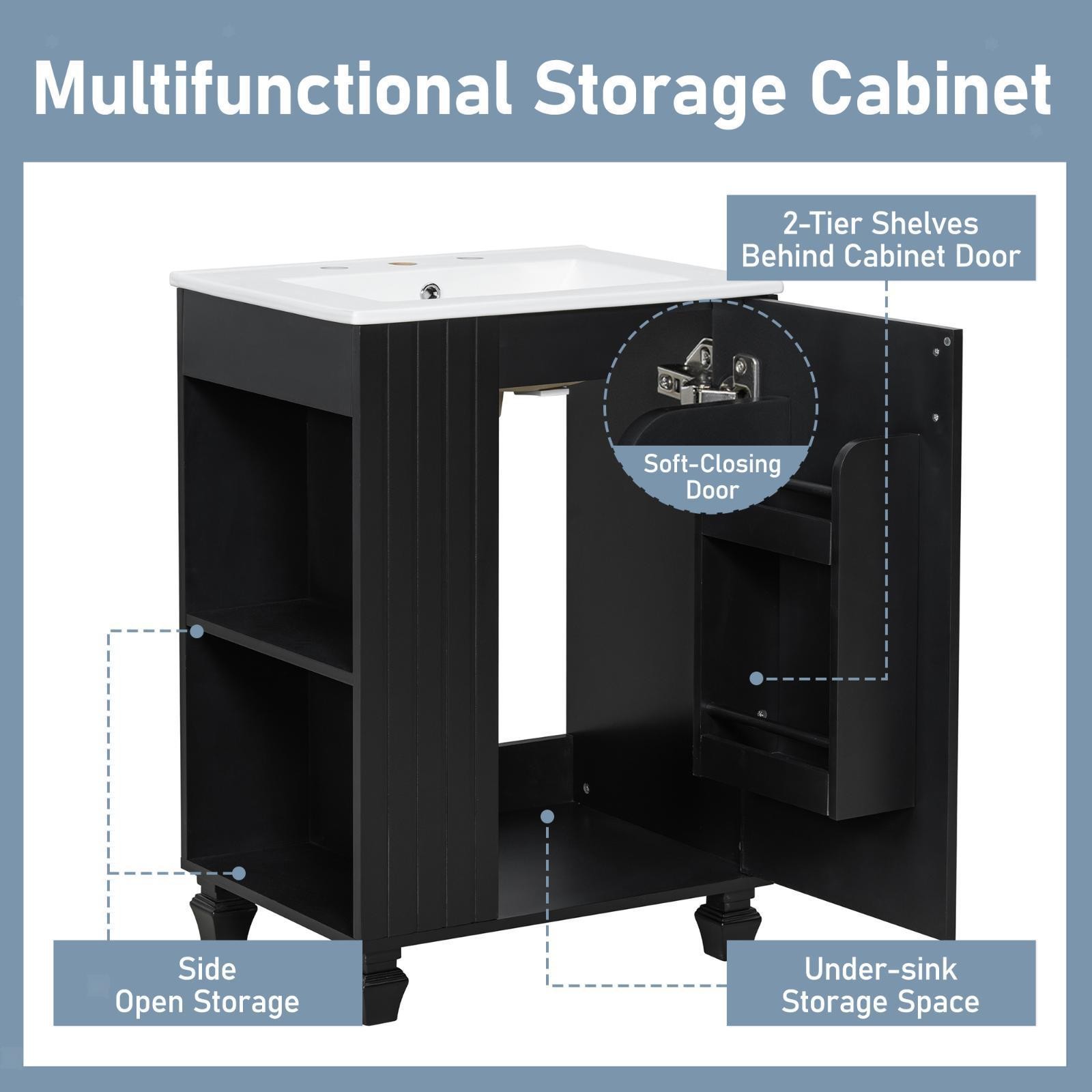 Black 24-Inch Bathroom Vanity with Pine Wood Frame, Side Storage, Soft-Closing