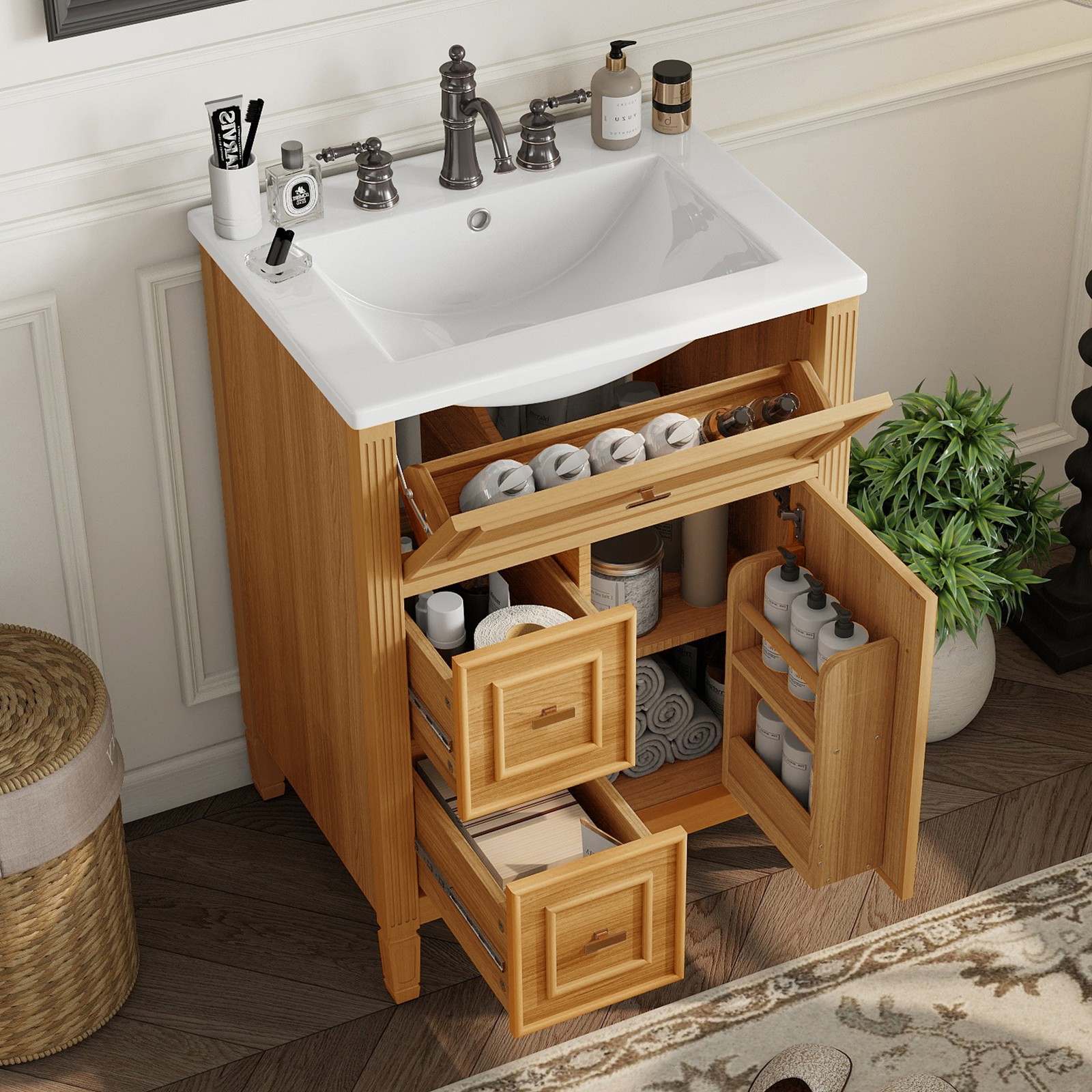 24″ Bathroom Vanity with Sink, Wood Storage Cabinet w/Drawers & Adjustable Shelf