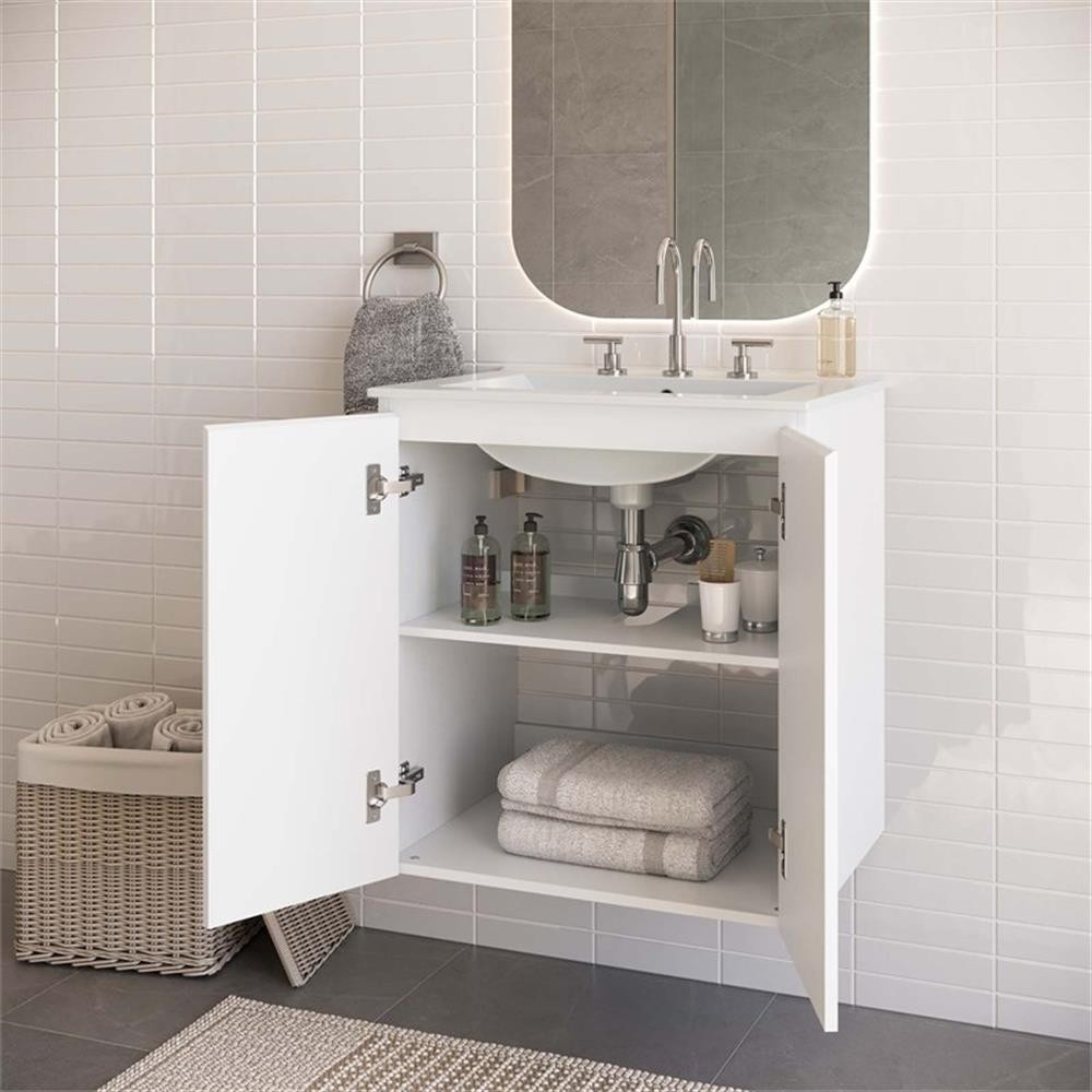 Pemberly Row 24″ Modern Wood/Ceramic Wall-Mount Bathroom Vanity in White