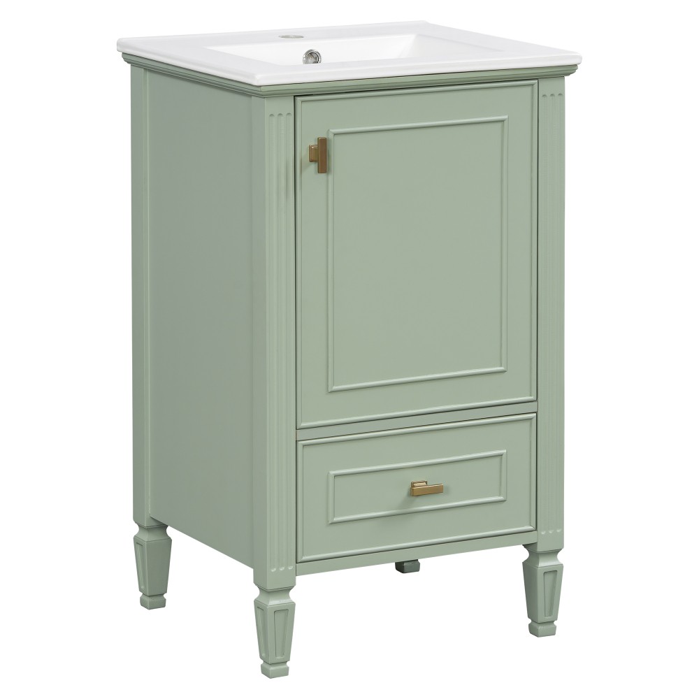 20″ Green Bathroom Vanity, Ceramic Sink, Solid Wood Legs, Soft-Close, Storage