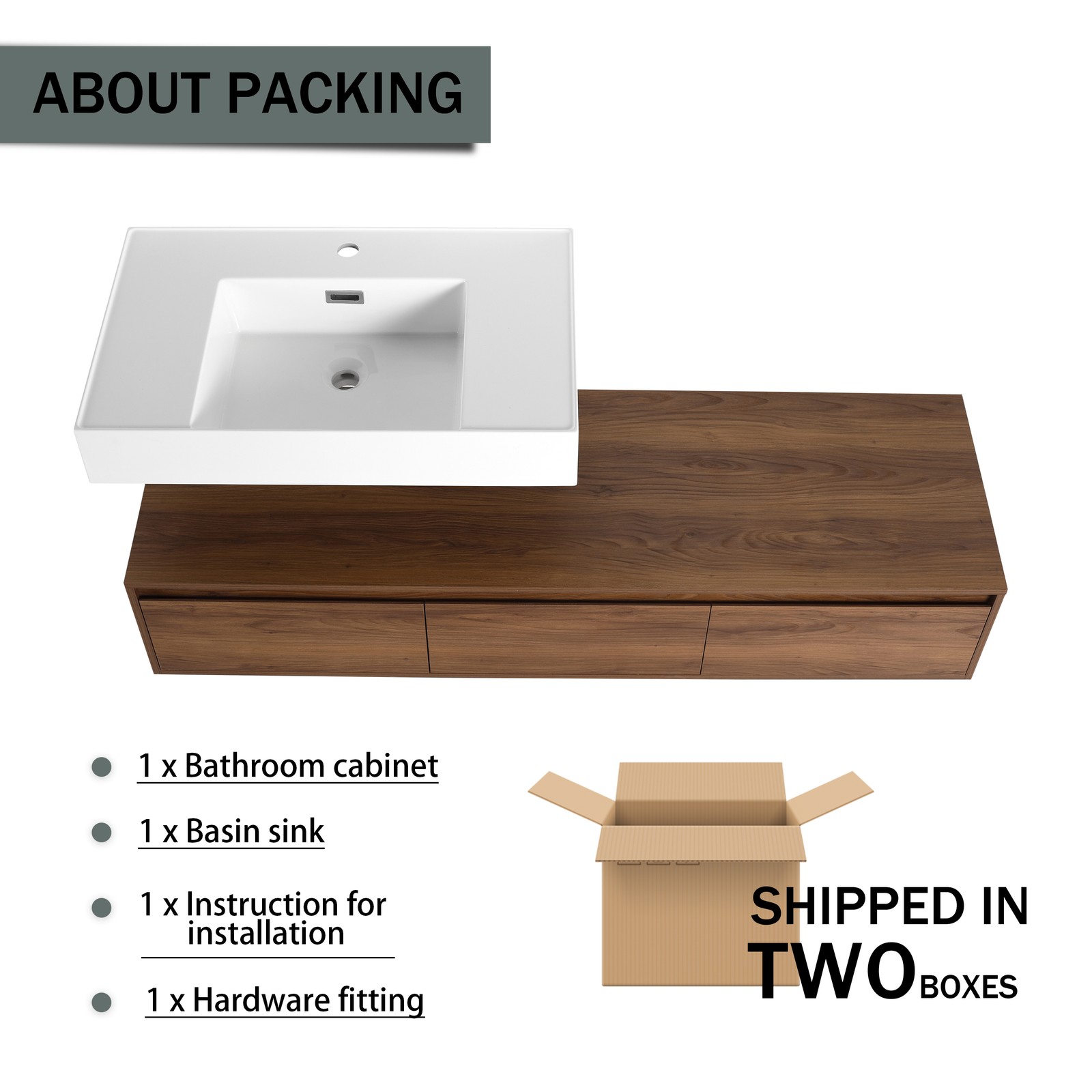 60in Wooden Wall-Mounted Bathroom Vanity Floating Vanity W/ Resin Sink +Drawers