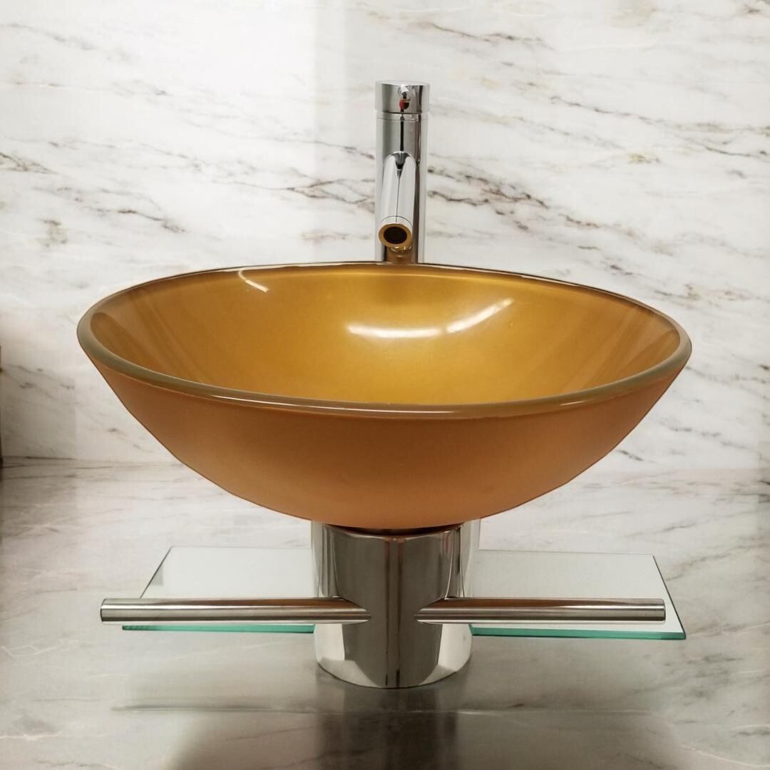 Modern Small Bathroom Pedestal Vanity Glass Bowl Vessel Mustard Gold Sink Combo