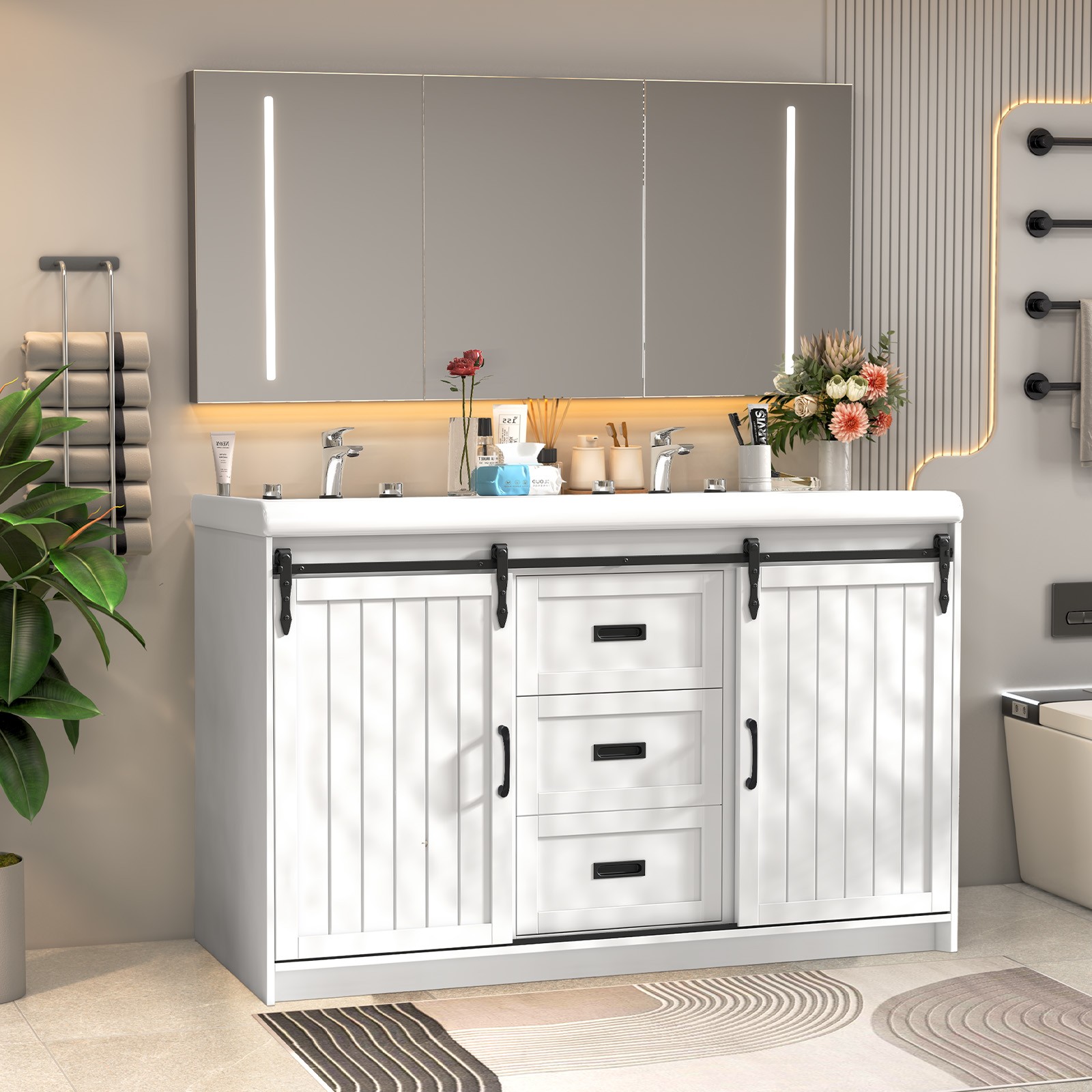 Bathroom Sliding Door Vanity Unit with 2-Drawer Cabinet and 2 Ceramic Sink Basin