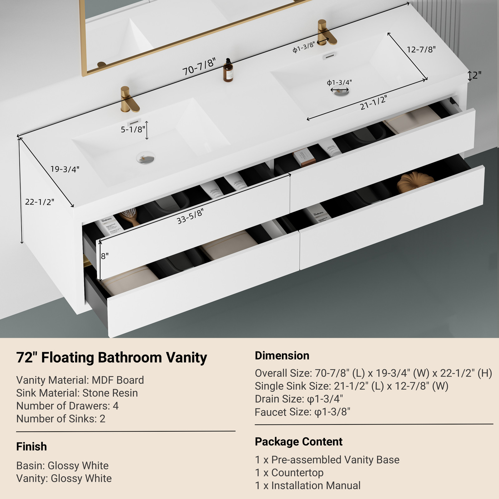 72″ Wall Mounted White Bathroom Vanity With Double Stone Resin Sink 4 Drawers