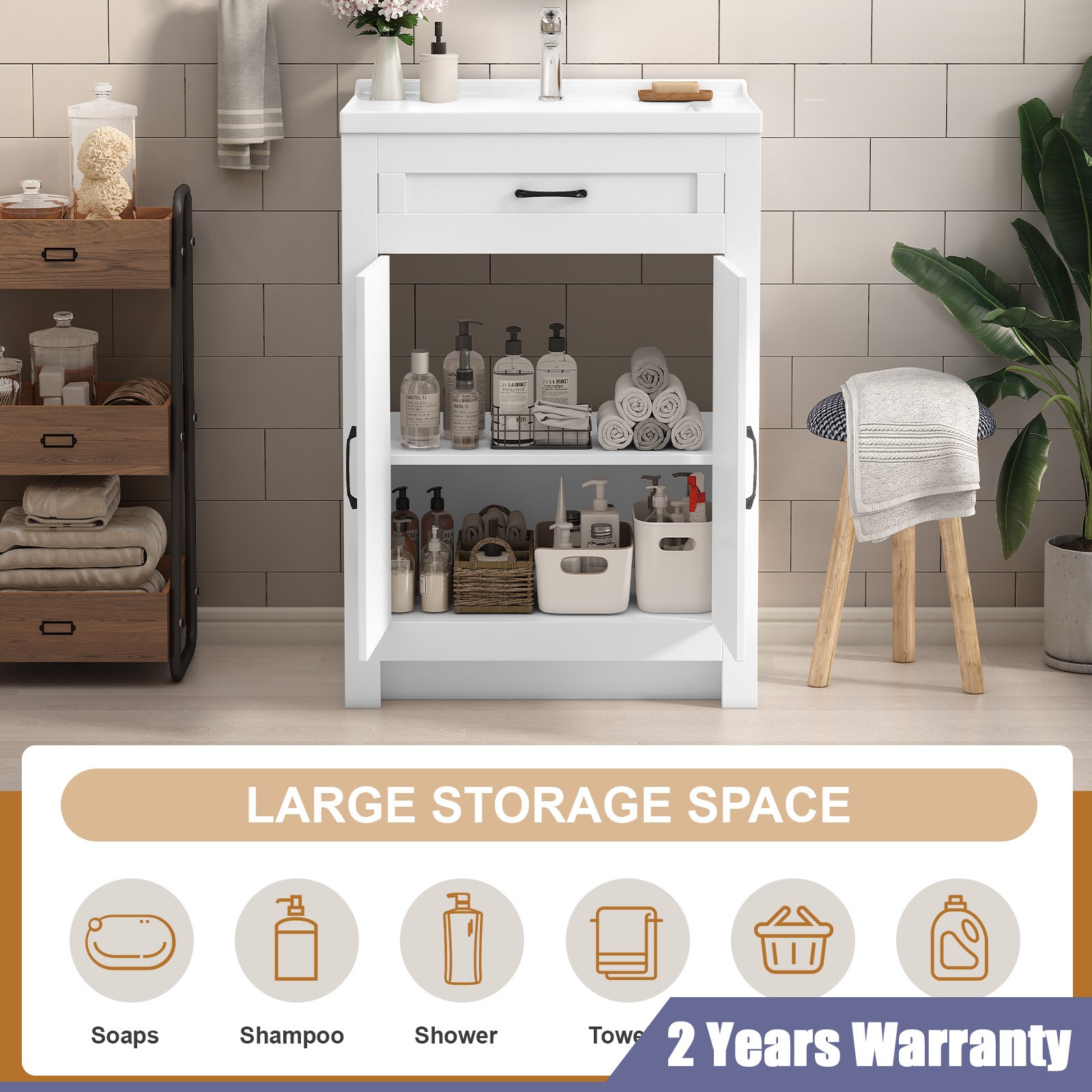 23″ Bathroom Vanity Cabinet & Door Ceramic Sink Bowl Cabinet Bath Organizer