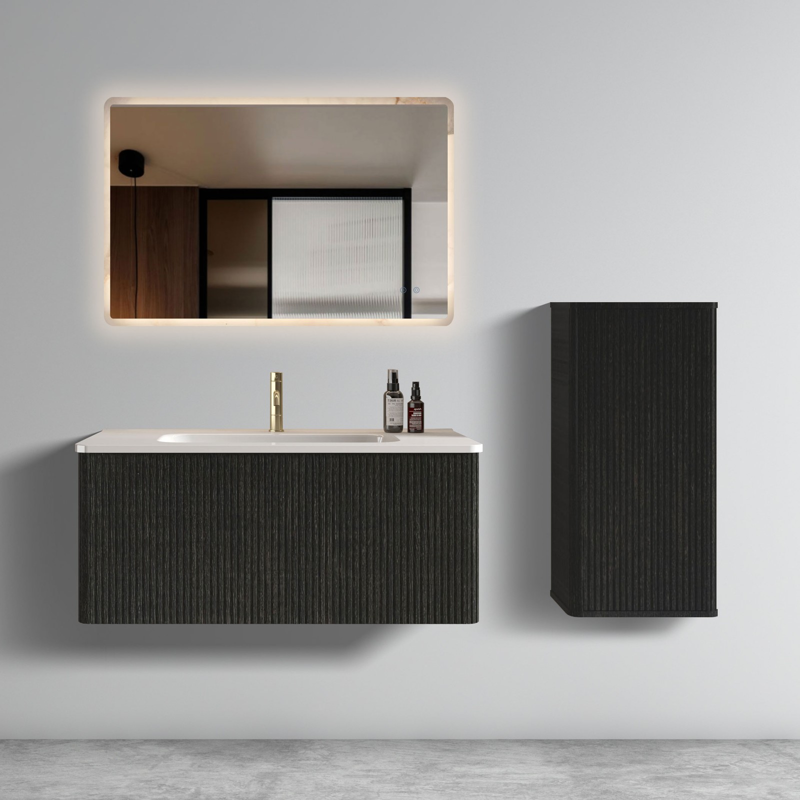 Etna 36″ Brushed Black Oak Floating Bathroom Vanity with White Ceramic Sink