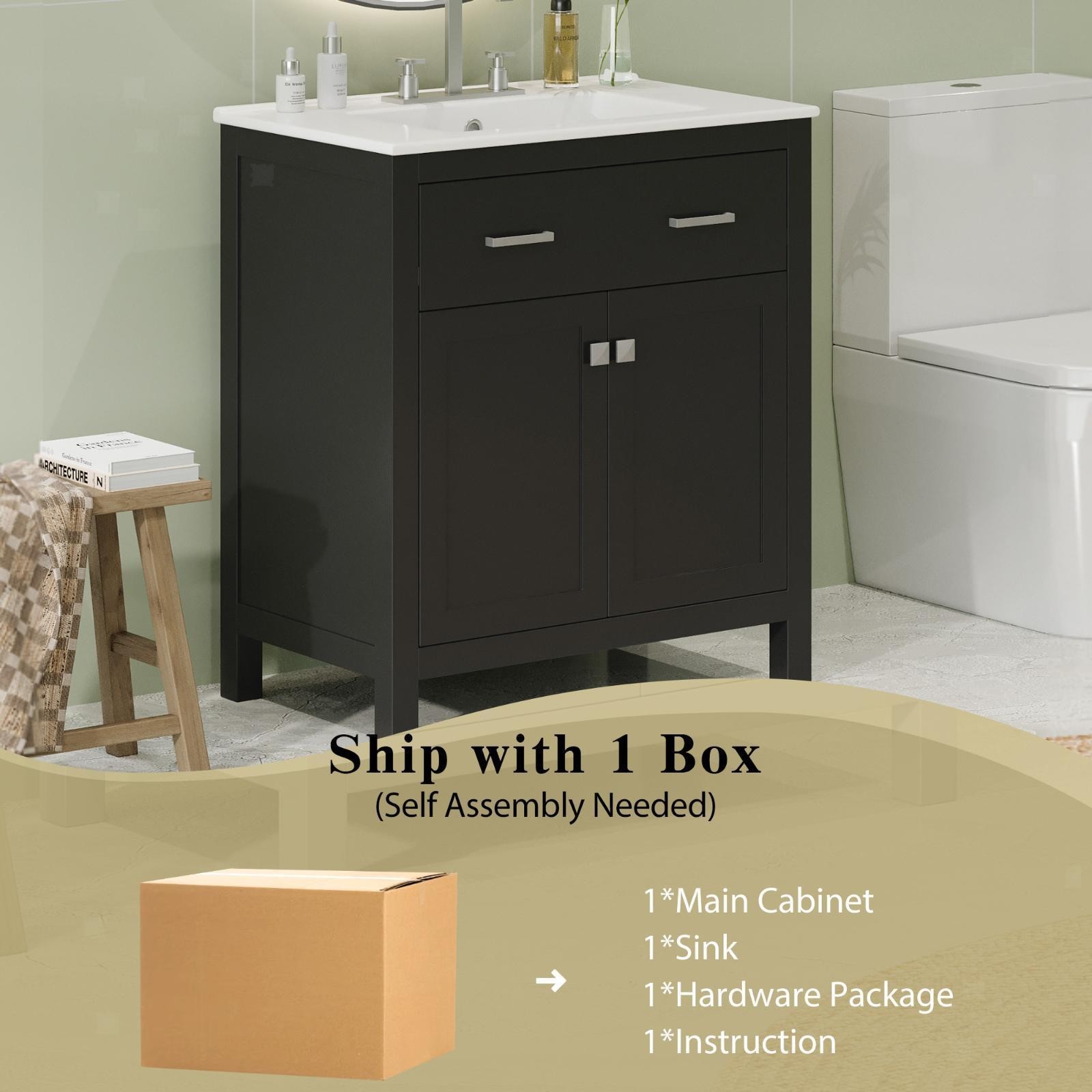 30-Inch Black Bathroom Cabinet with Ceramic Sink, Height-Adjustable Shelf,