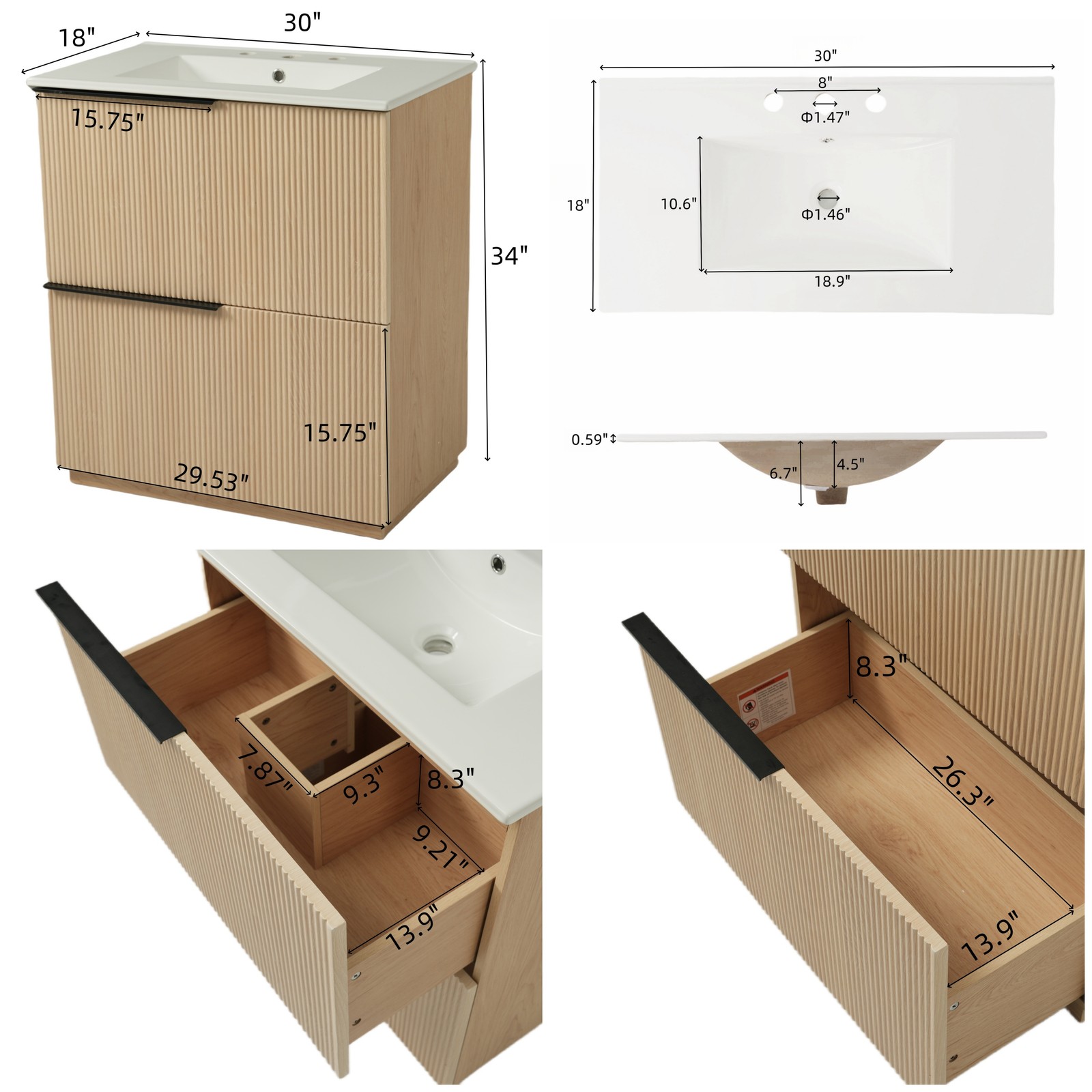 30″ Bathroom Vanity with Ceramic Sink, Soft Close Drawers, Fluted Design