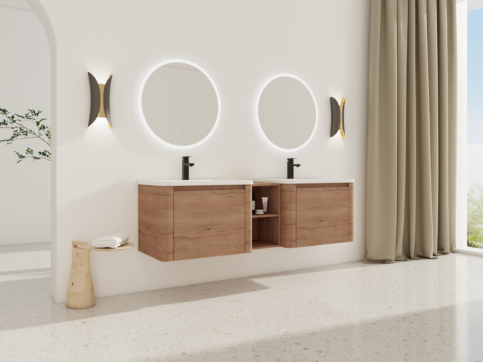 68in Wall-Mounted Bathroom Vanity W/ Double White Ceramic Basin Shelves Plywood