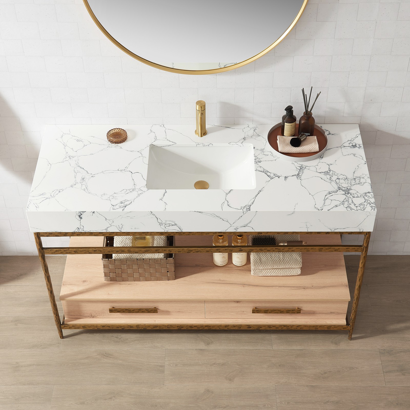 Dhaka 55″ Single Vanity in Yellow Bronze Metal Support with Composite Stone Top