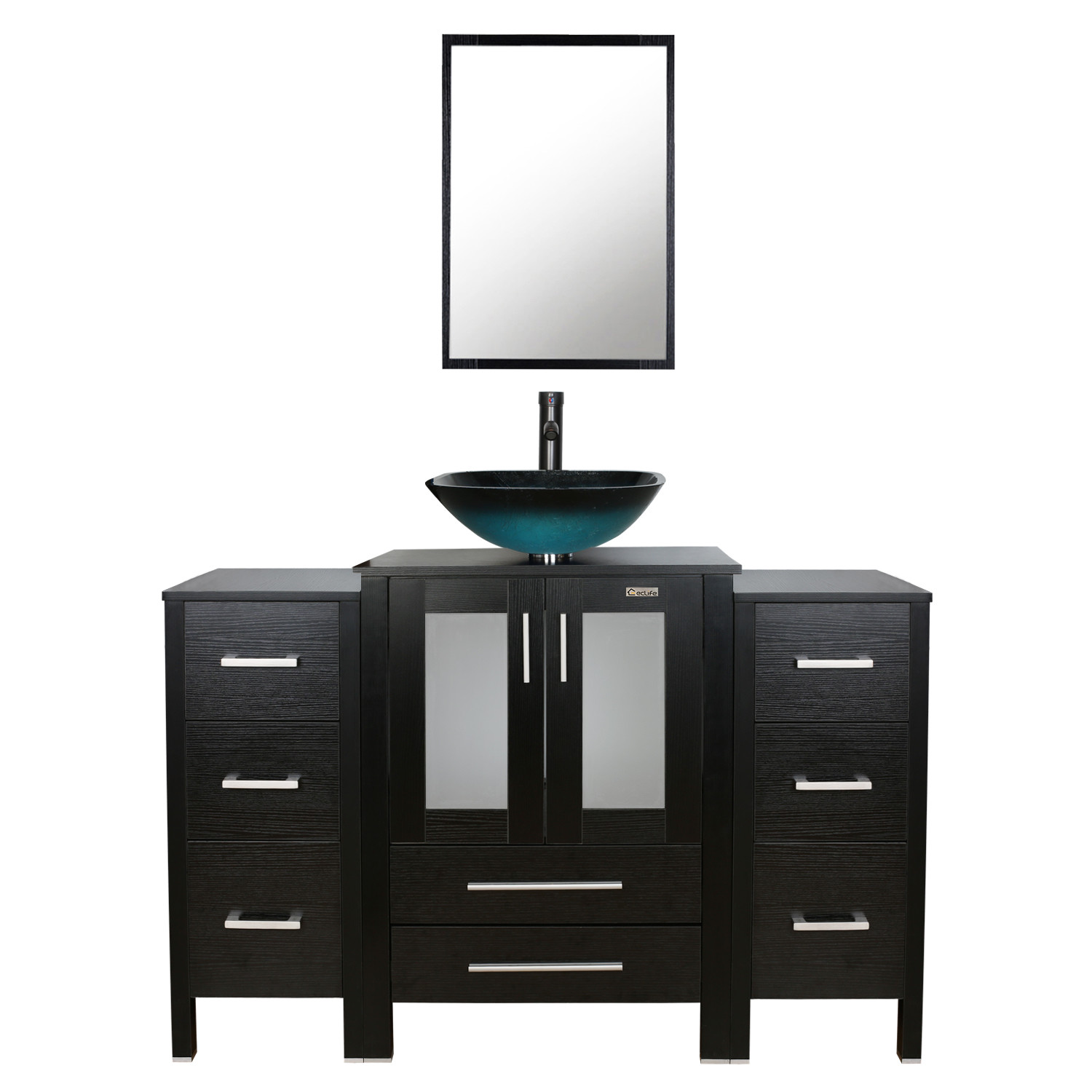 48″ Bathroom Vanity Set Small Cabinet Tempered Glass Vessel Sink Black No Mirror