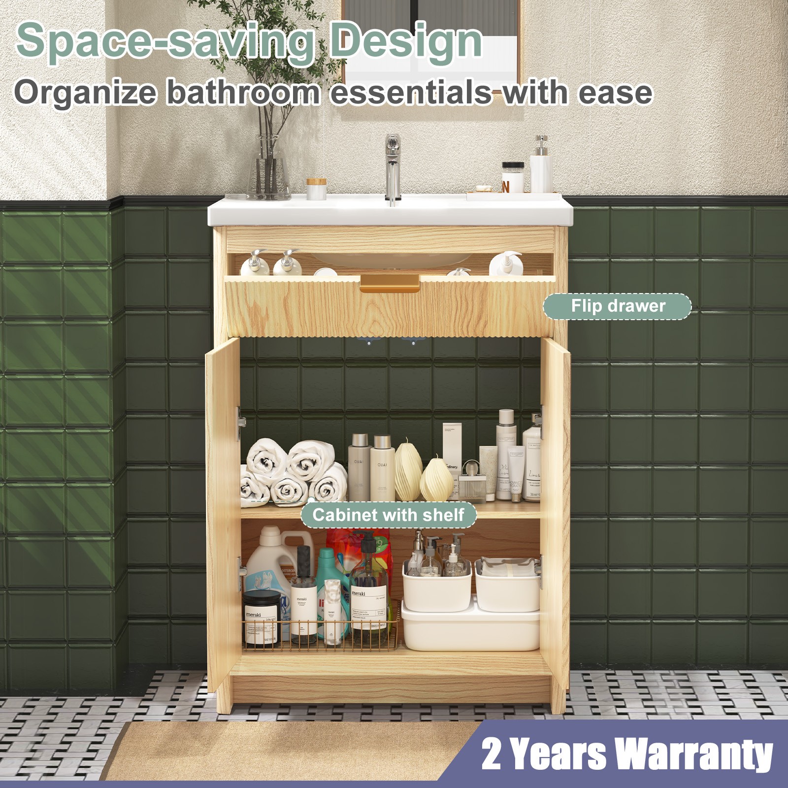 Bathroom Vanity Ceramic Sink Cabinet Freestanding Wooden Storage Cabinet