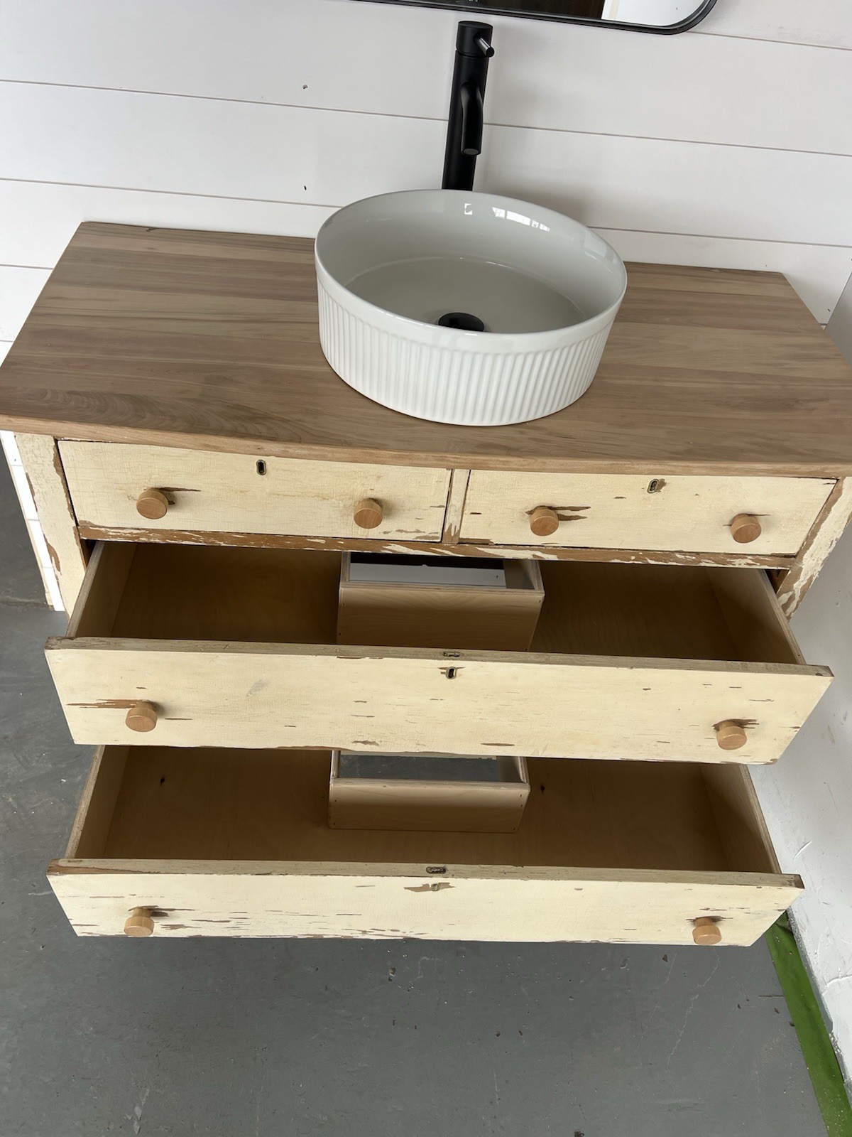 Distressed Wood Bathroom Vanity with Vessel Sink, 2 Drawers, Traditional