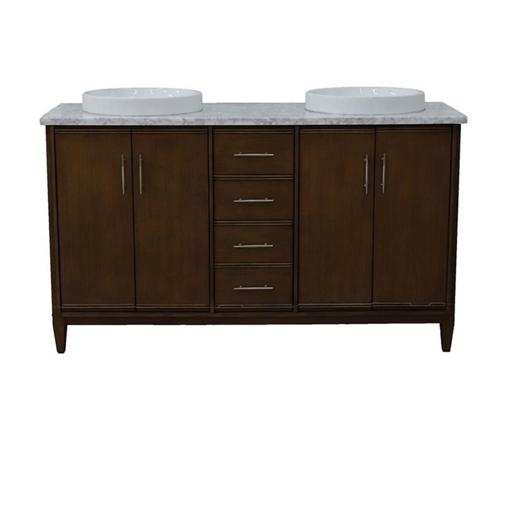 MCM 61″ Double Round Sink Vanity with White Marble Stone in Walnut