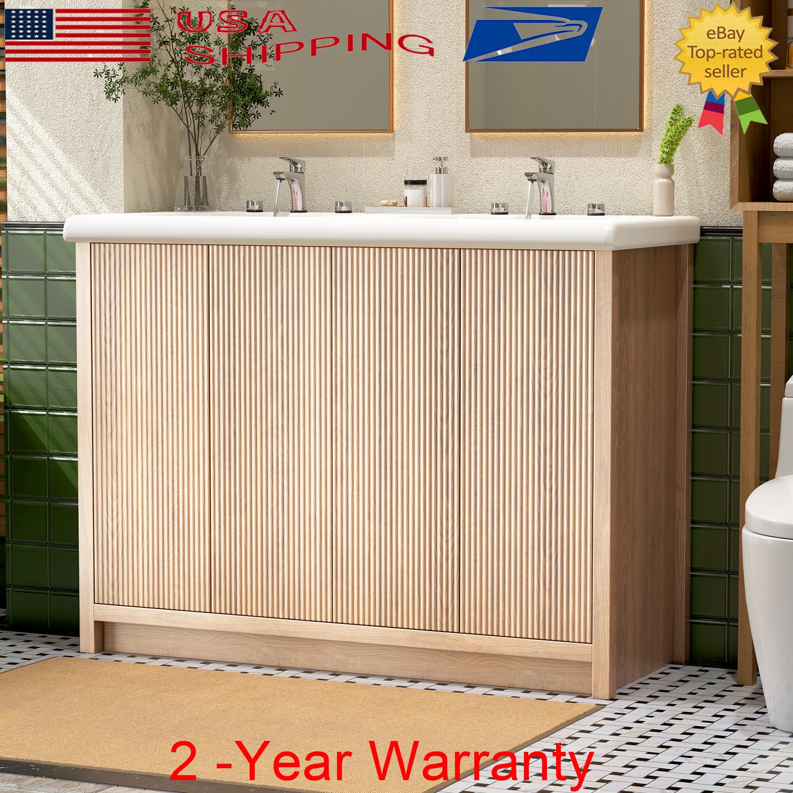 47.3″ Bathroom Vanity Set Double Sink Ceramic Freestanding Cabinet Wood Grain