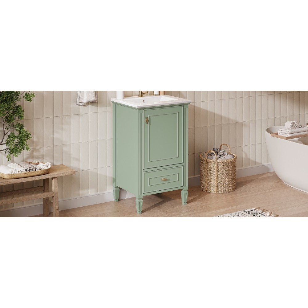 20″ Green Bathroom Vanity, Ceramic Sink, Solid Wood Legs, Soft-Close, Storage