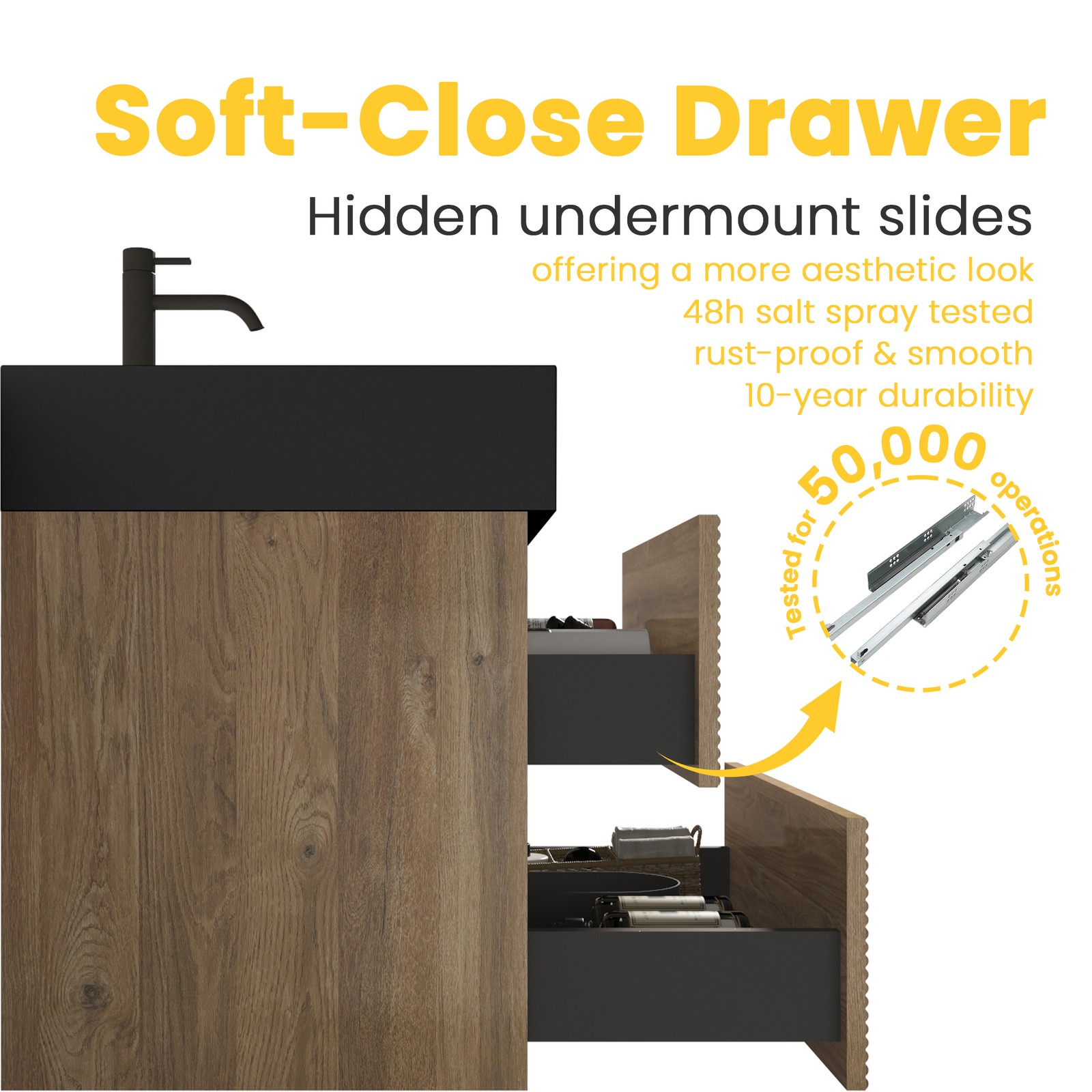 24″ Rough Oak Floating Bathroom Vanity with Black Sink & Drawers
