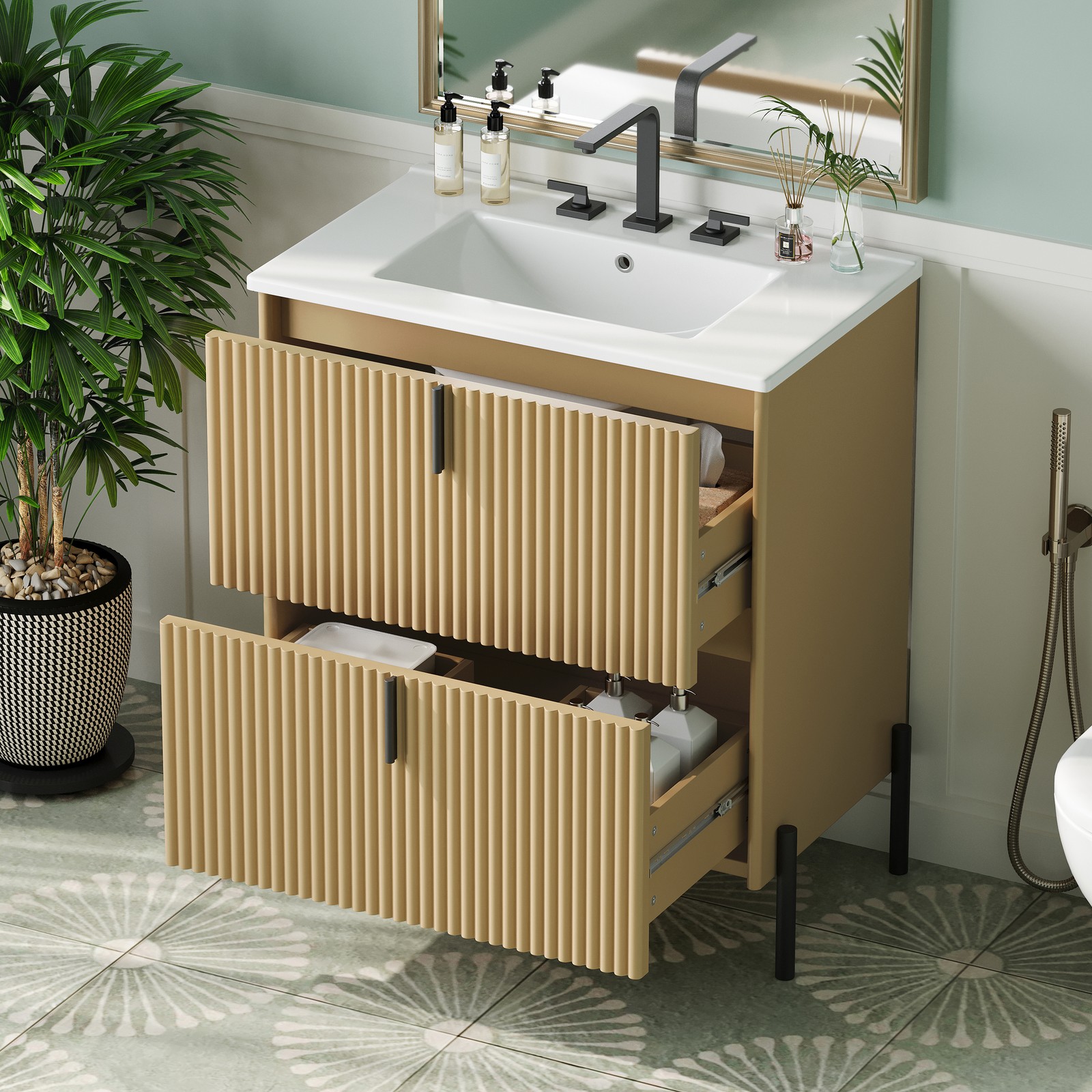 30″ Bathroom Vanity with Ceramic Sink Freestanding Bathroom Vanity w/2 Drawers