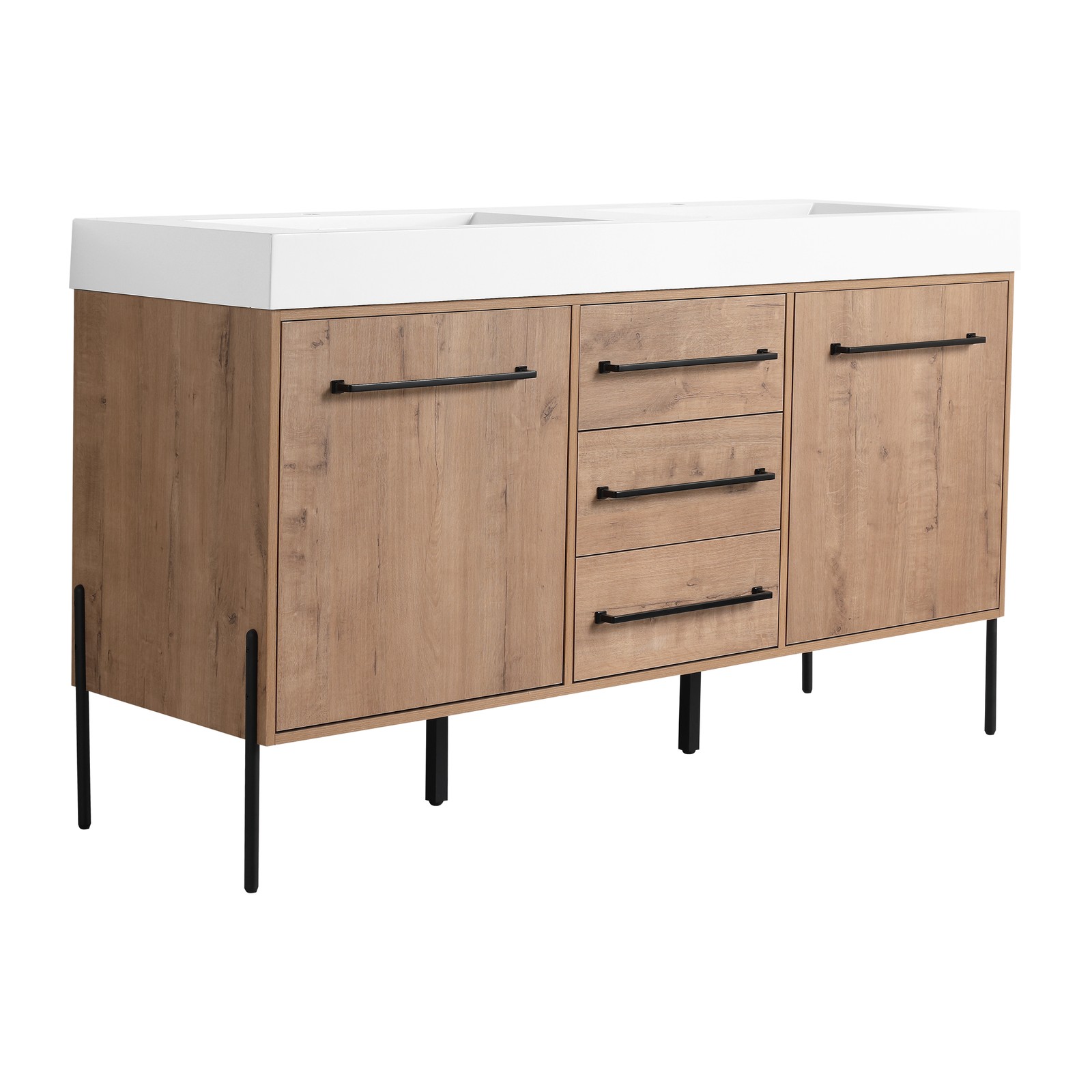 60 in Freestanding Bathroom Vanity White Double Resin Sink 2 Doors 3 Drawers