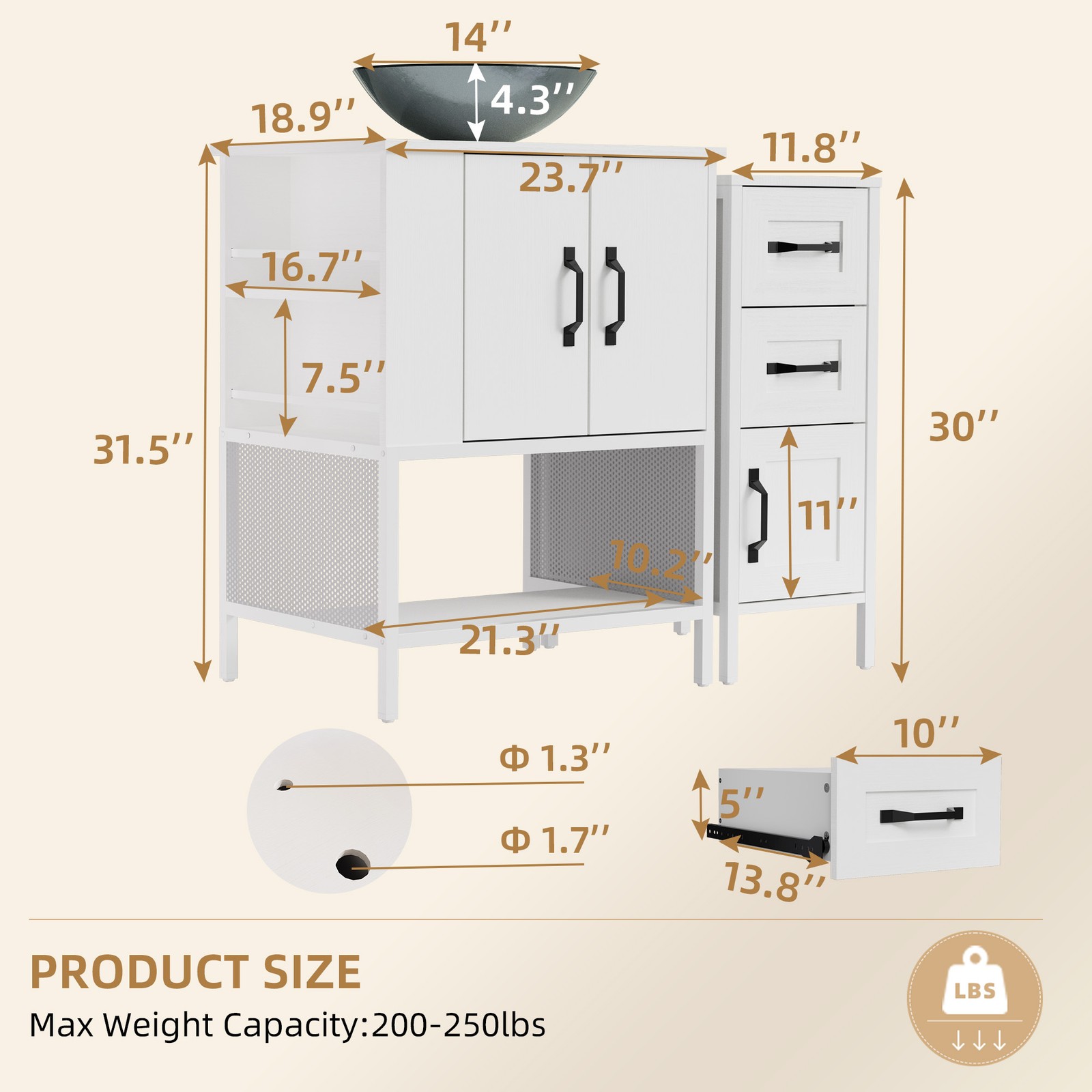 36-inch Freestanding Bathroom Vanity with Vessel Sink Storage Sink Cabinet White