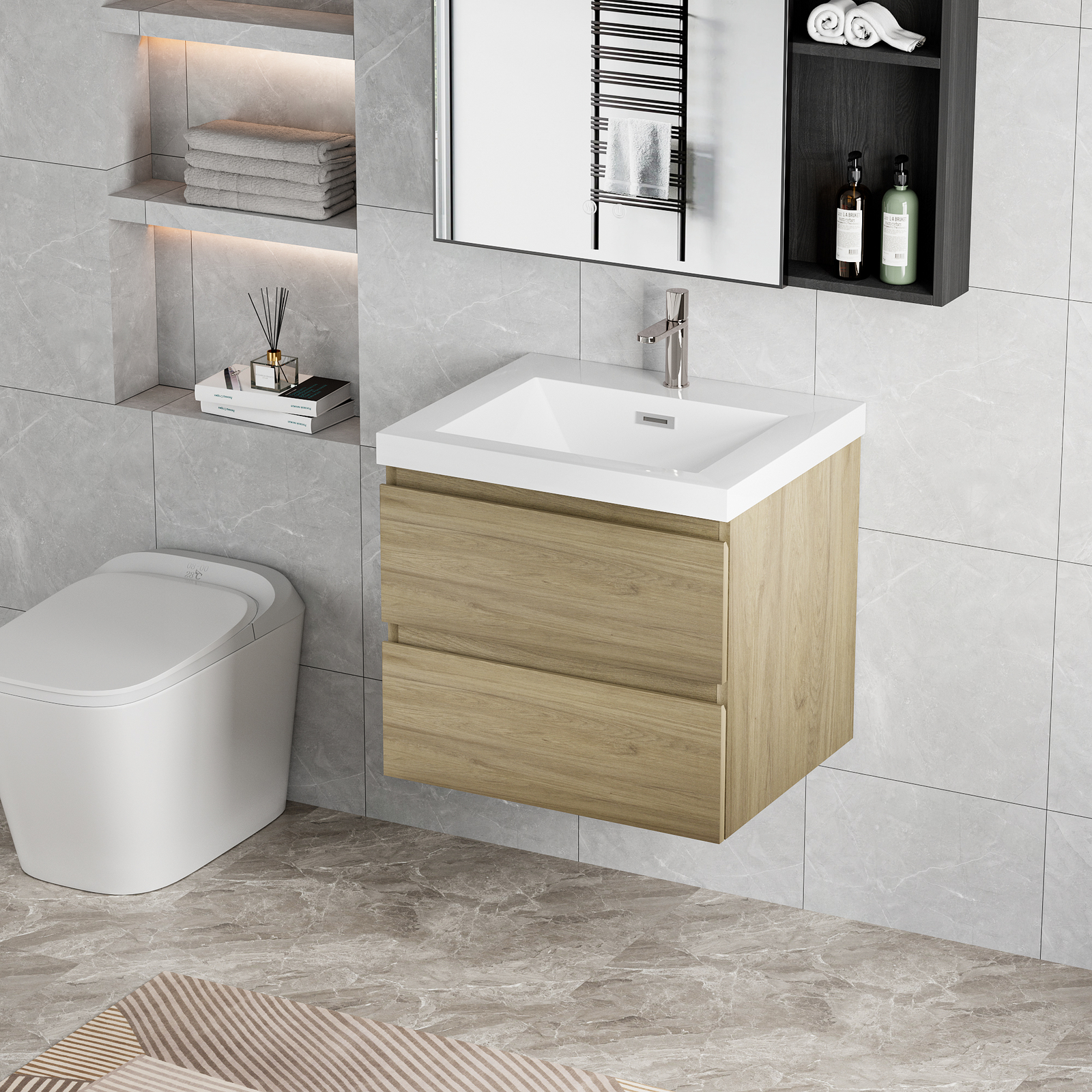 24 in Floating Wall-Mounted Bathroom Vanity 2 Drawers With Resin Top Basin Sink