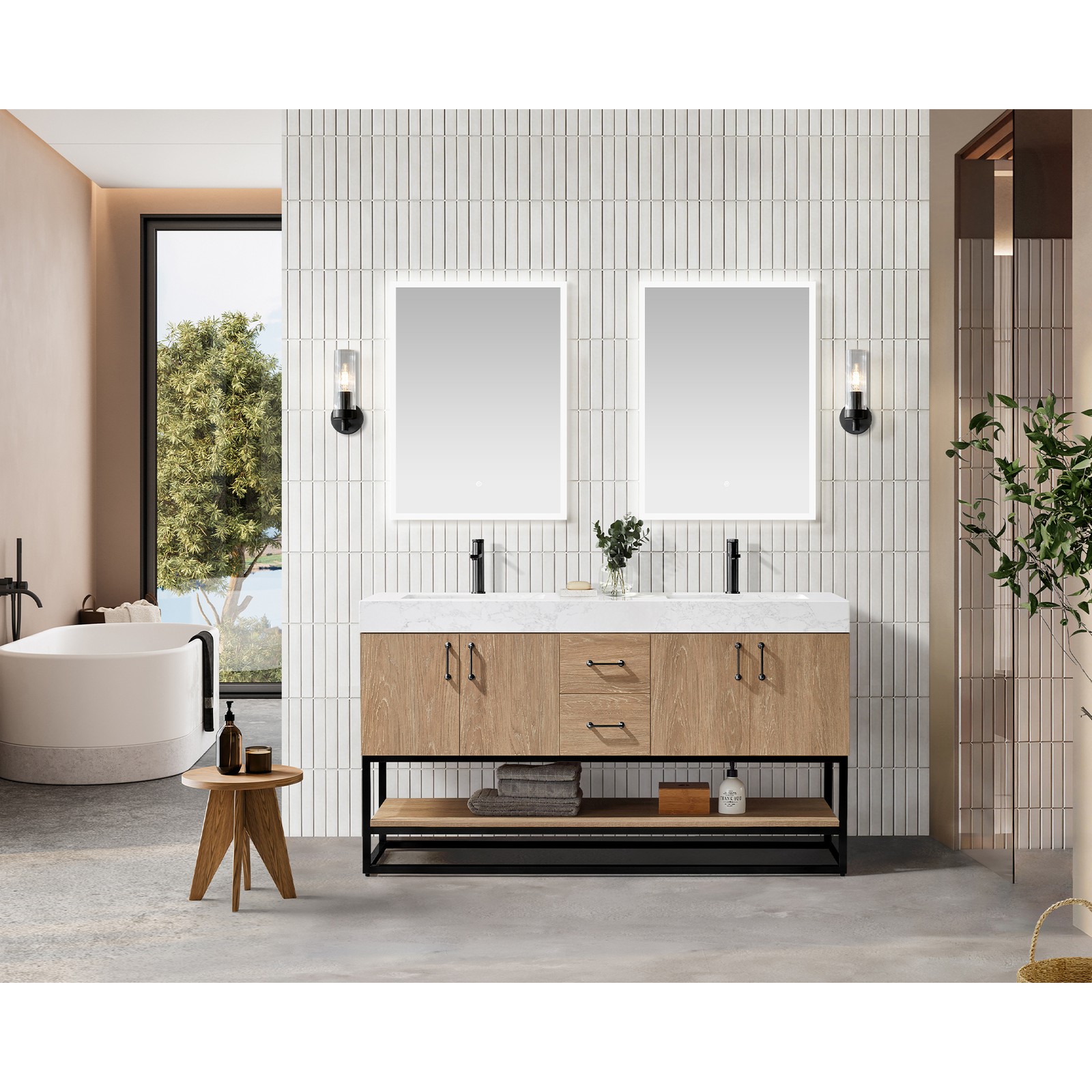 Vinnova Alistair 60″ White Stone Top Oak Double Vanity Black Frame w/o Mirror