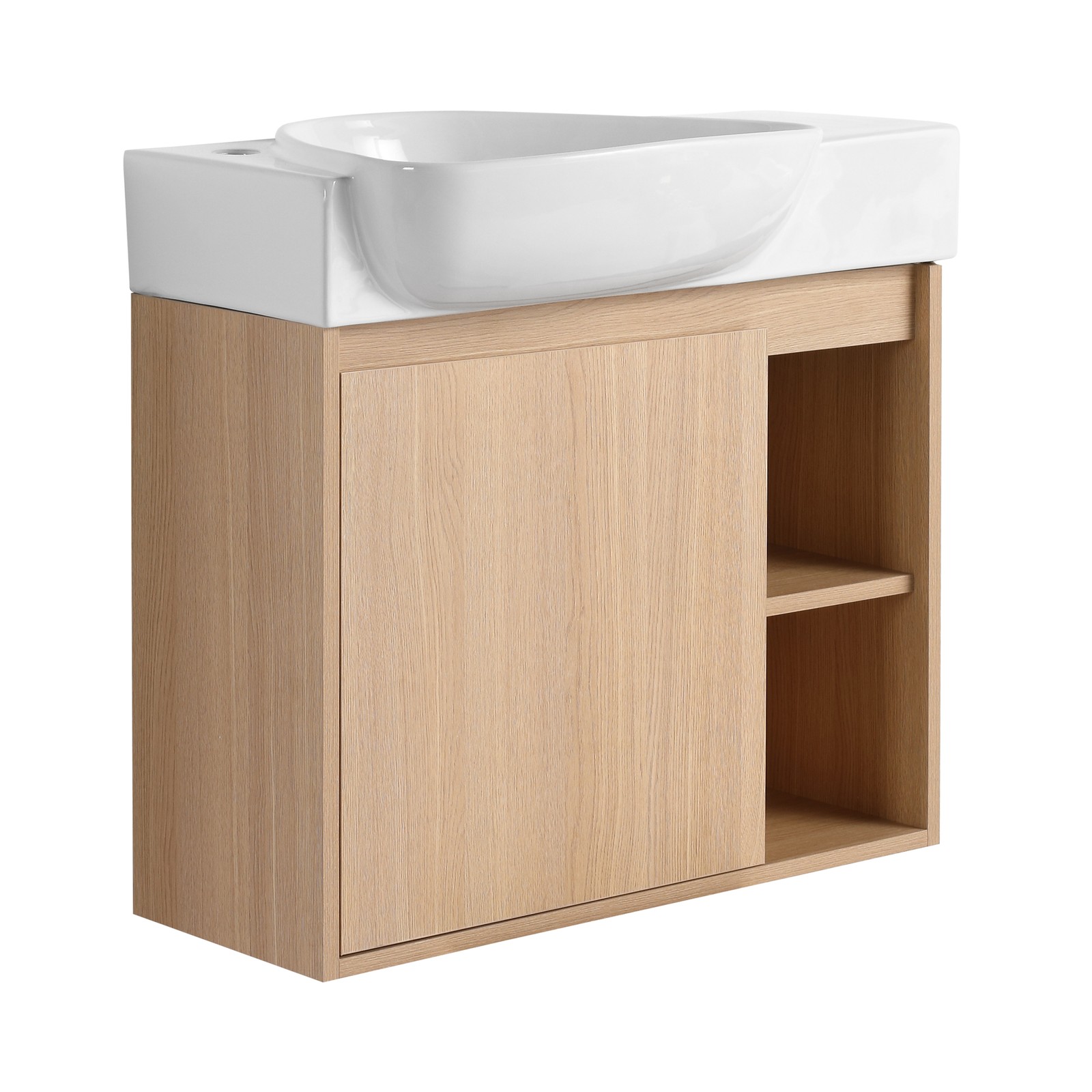 26″ Plywood Wall-Mounted Bathroom Vanity W/ White Ceramic Sink +Door +Shelf Oak