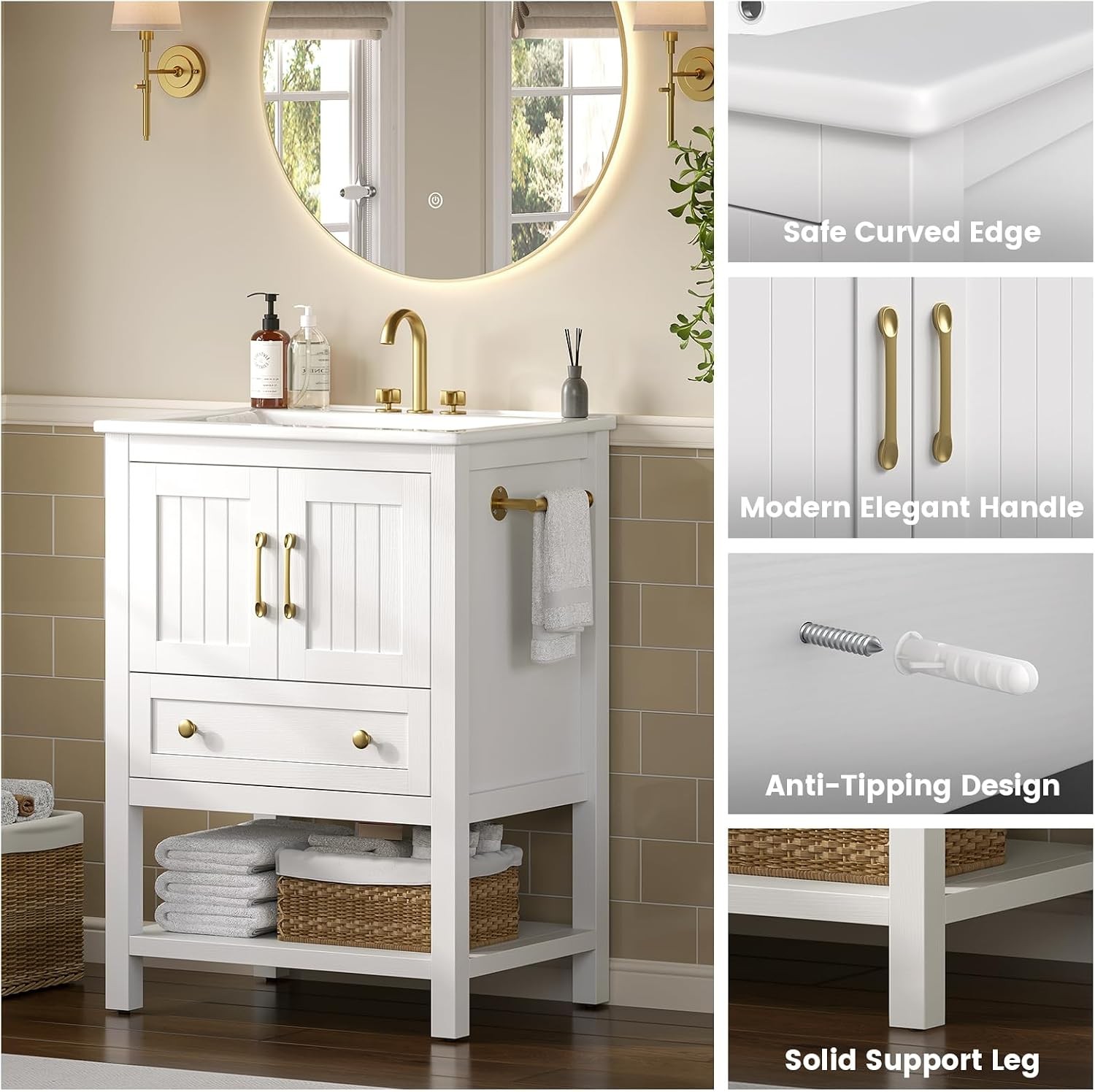 24 Bathroom Vanity with Sink and Towel Holder Modern White
