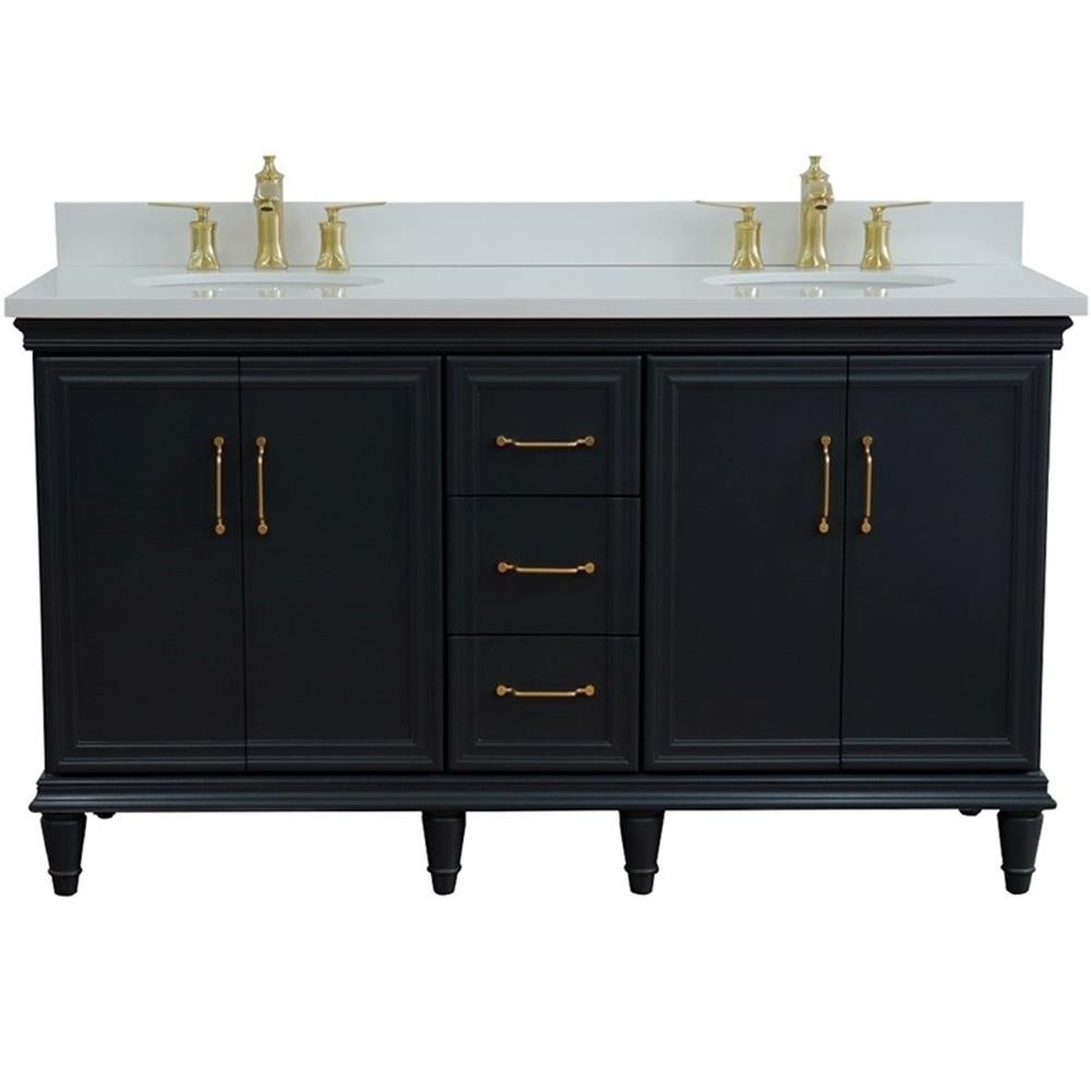 Pemberly Row 61 in. Double Wooden Vanity Dark Gray White Quartz Oval Sink