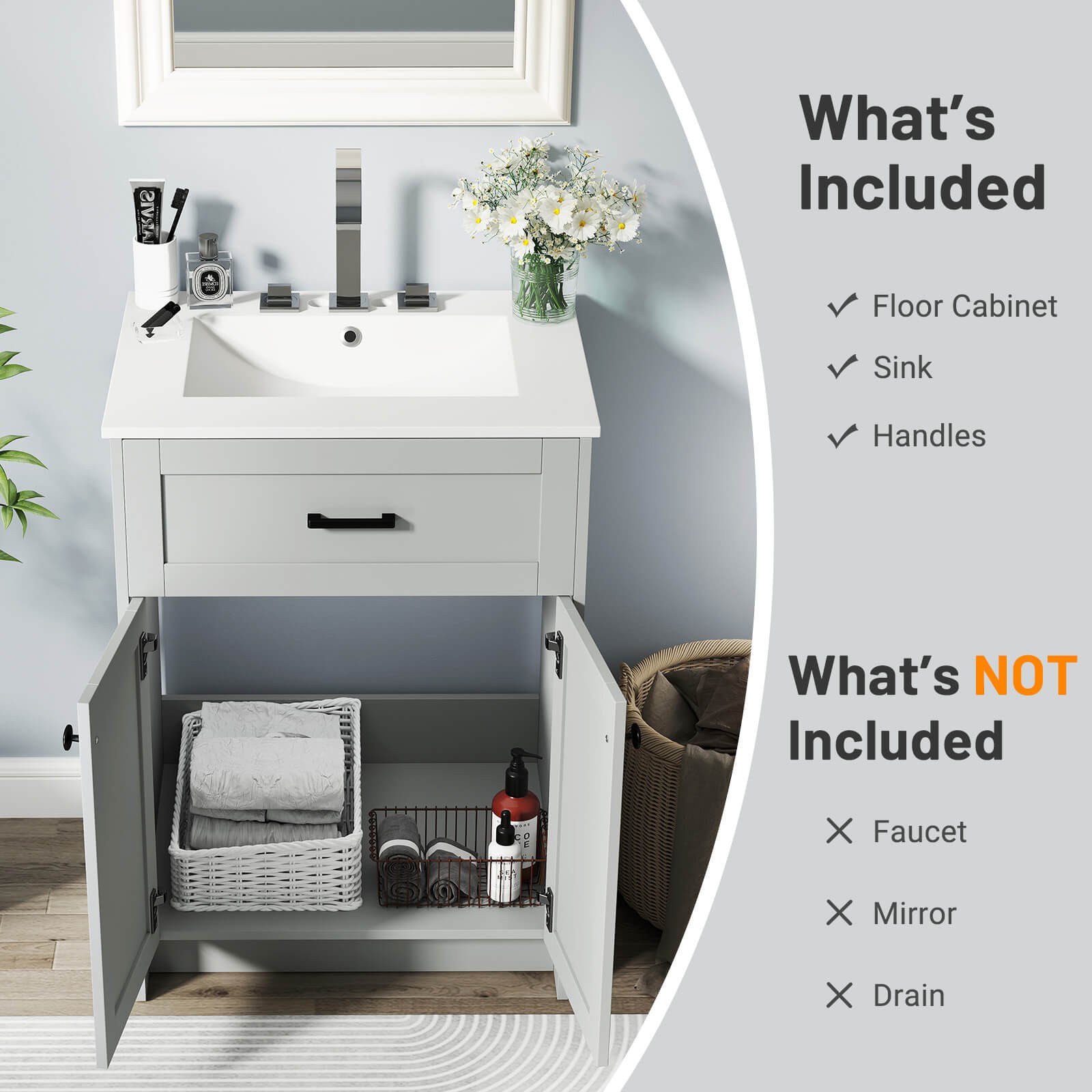 Bathroom Vanity Unit w/ Basin Under Sink Bathroom Storage Cabinet Freestanding