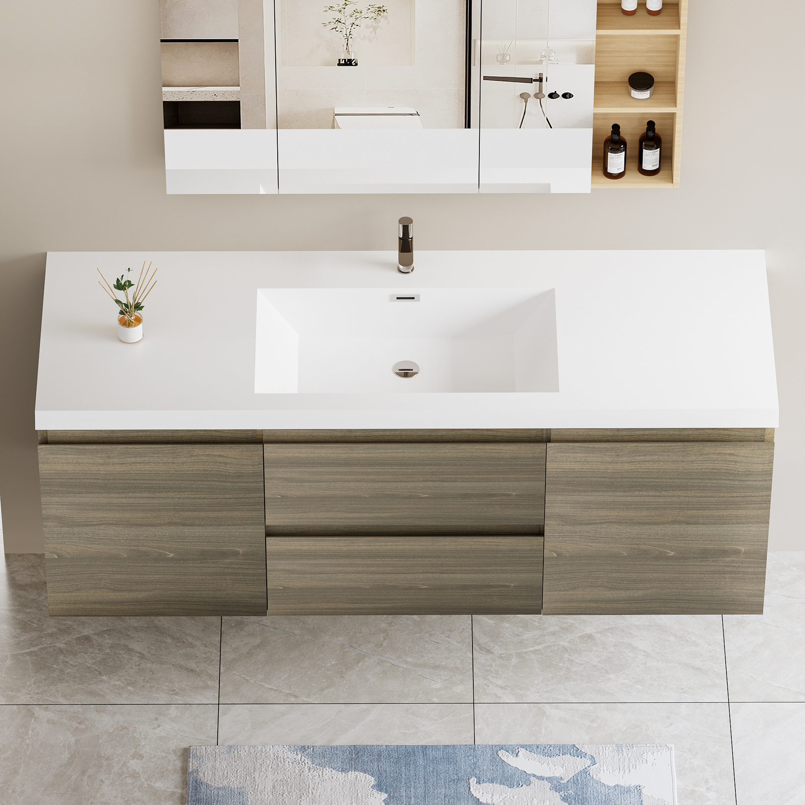 60″ Floating Wall-Mounted Bathroom Vanity with Resin Sink Drawers Doors Ash Grey