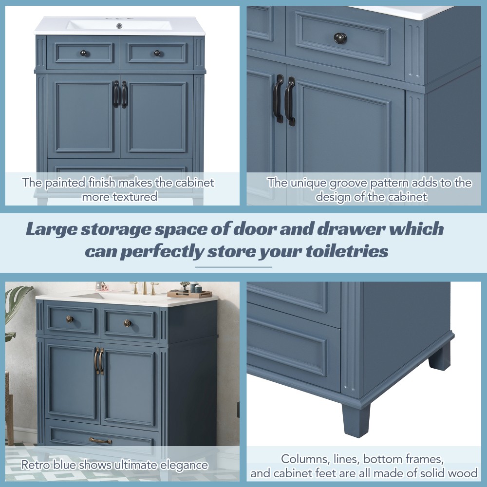 30” Bathroom Vanity with Ceramic Sink,Solid Wood Frame Bathroom Storage Cabinet