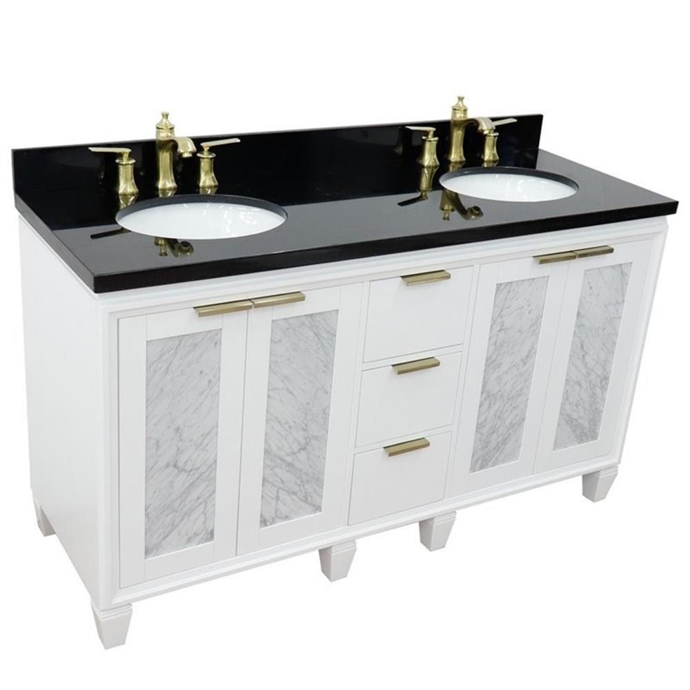 Trento 61″ Double Oval Sink Solid Wood Vanity in White/Black Galaxy