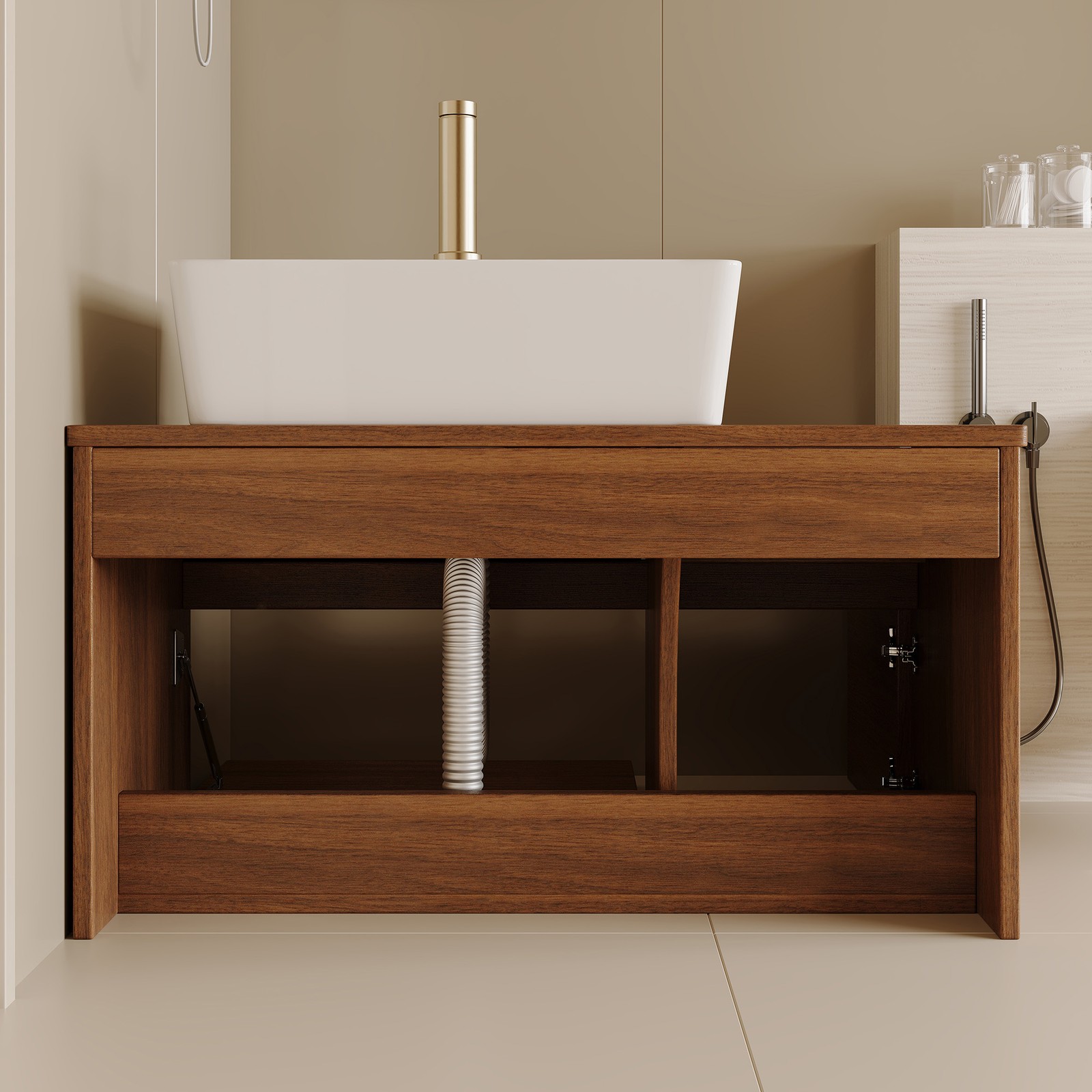 31.5In Plywood Walnut Floating Wall-Mounted Cabinet Vanity Ceramic Sink Bathroom