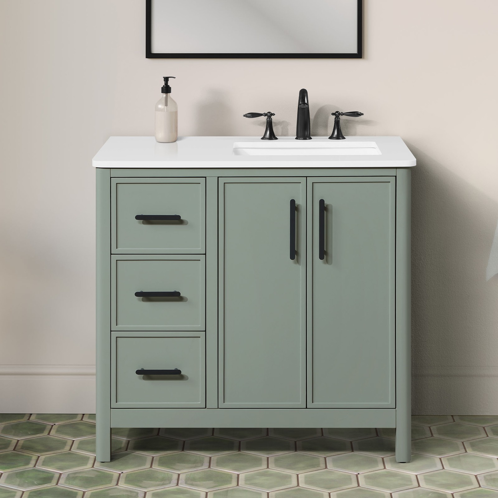 Solas 36″ Bathroom Vanity in Sage Green with White Countertop