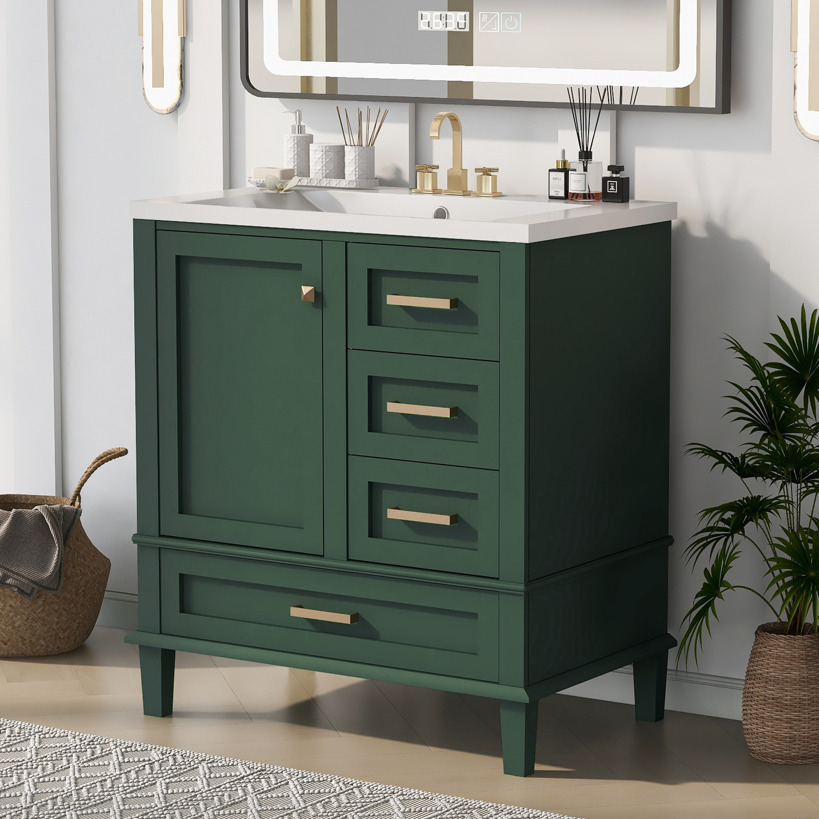 30″ Solid Wood Bathroom Vanity Cabinet with Resin Sink Top, 1 Door and 3 Drawers