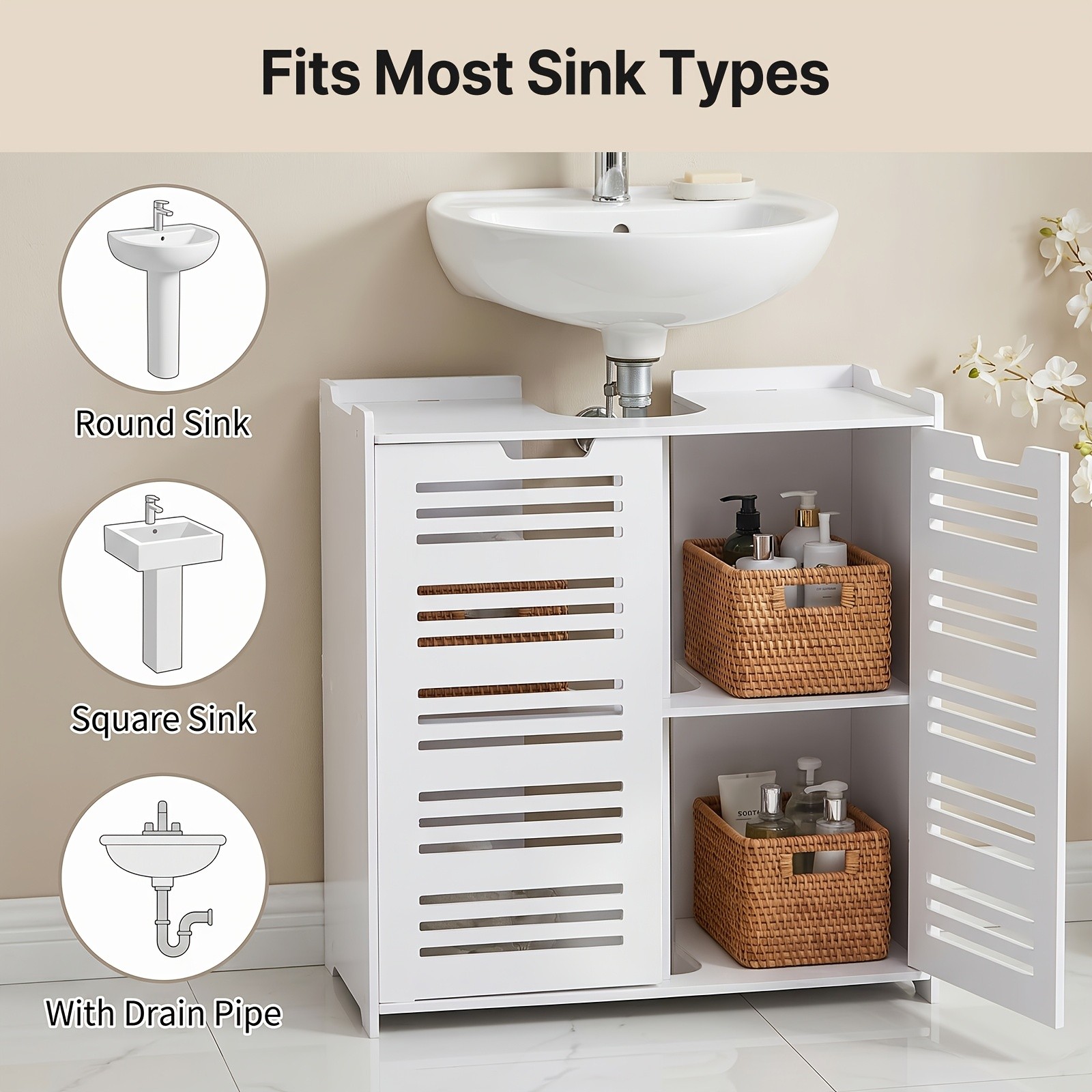 Modern White Bathroom Vanity Cabinet with Storage, Space Saving Under Sink Organ
