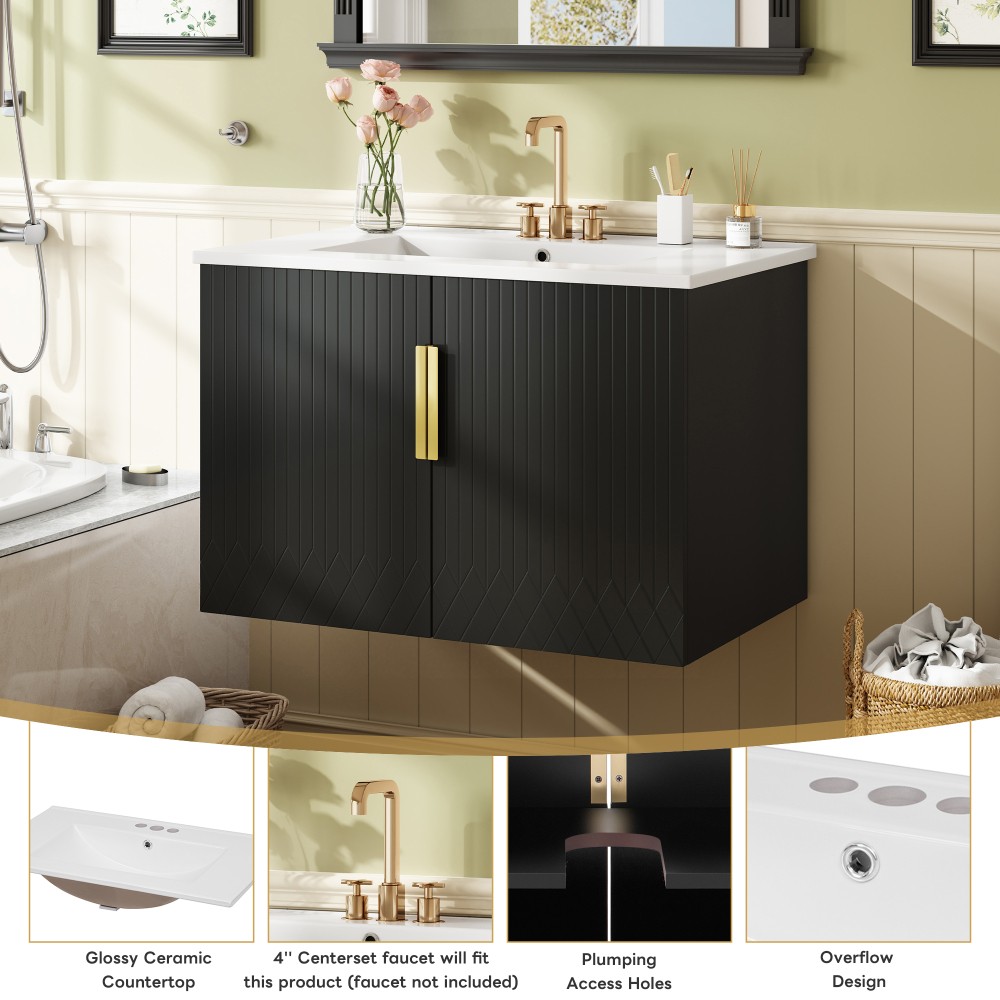 Bathroom Vanity W Ceramic Sink Three-Hole Mounting Features Two Soft-Close Doors