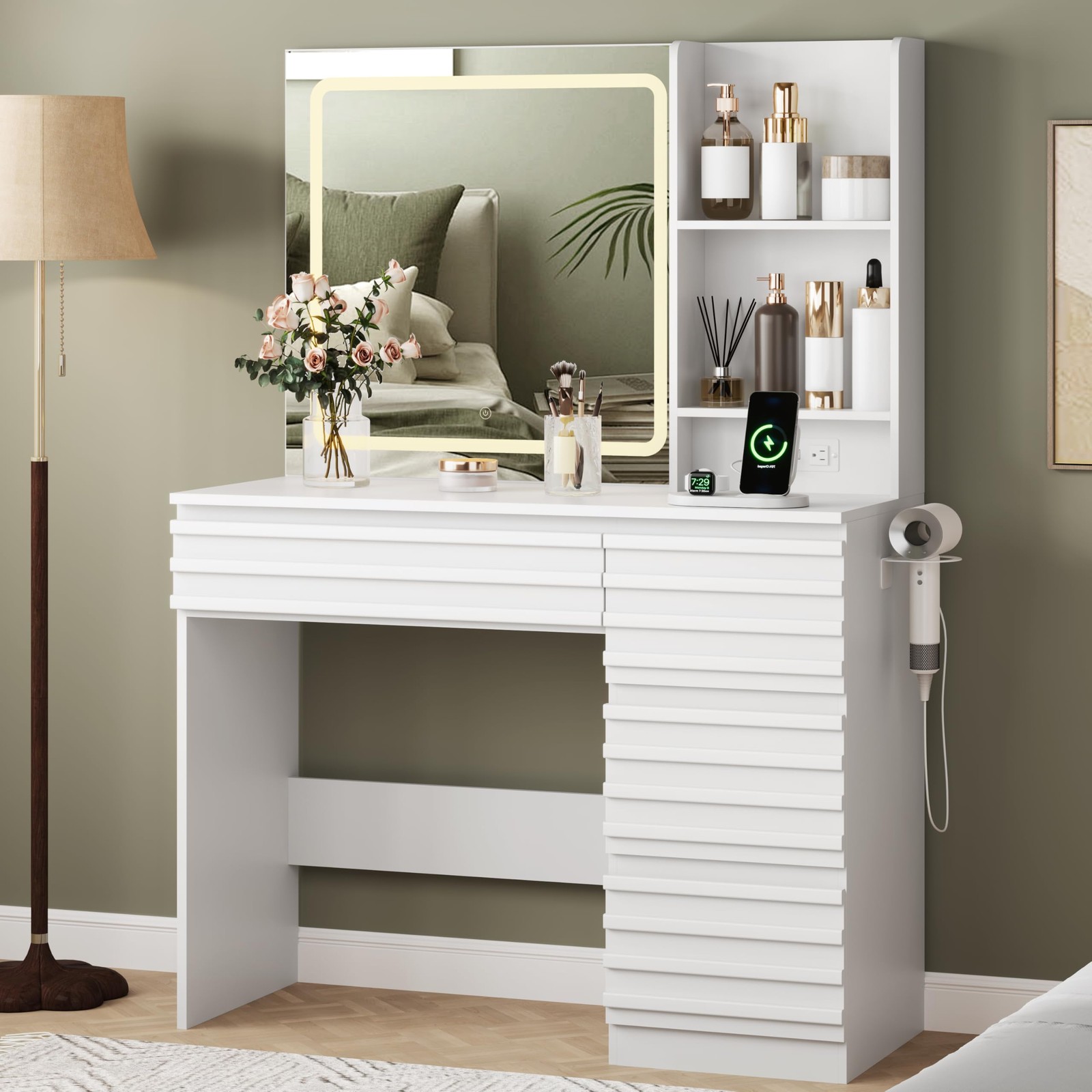 White Makeup Vanity Desk with LED Lighted Mirror 4 Drawers Power Outlet