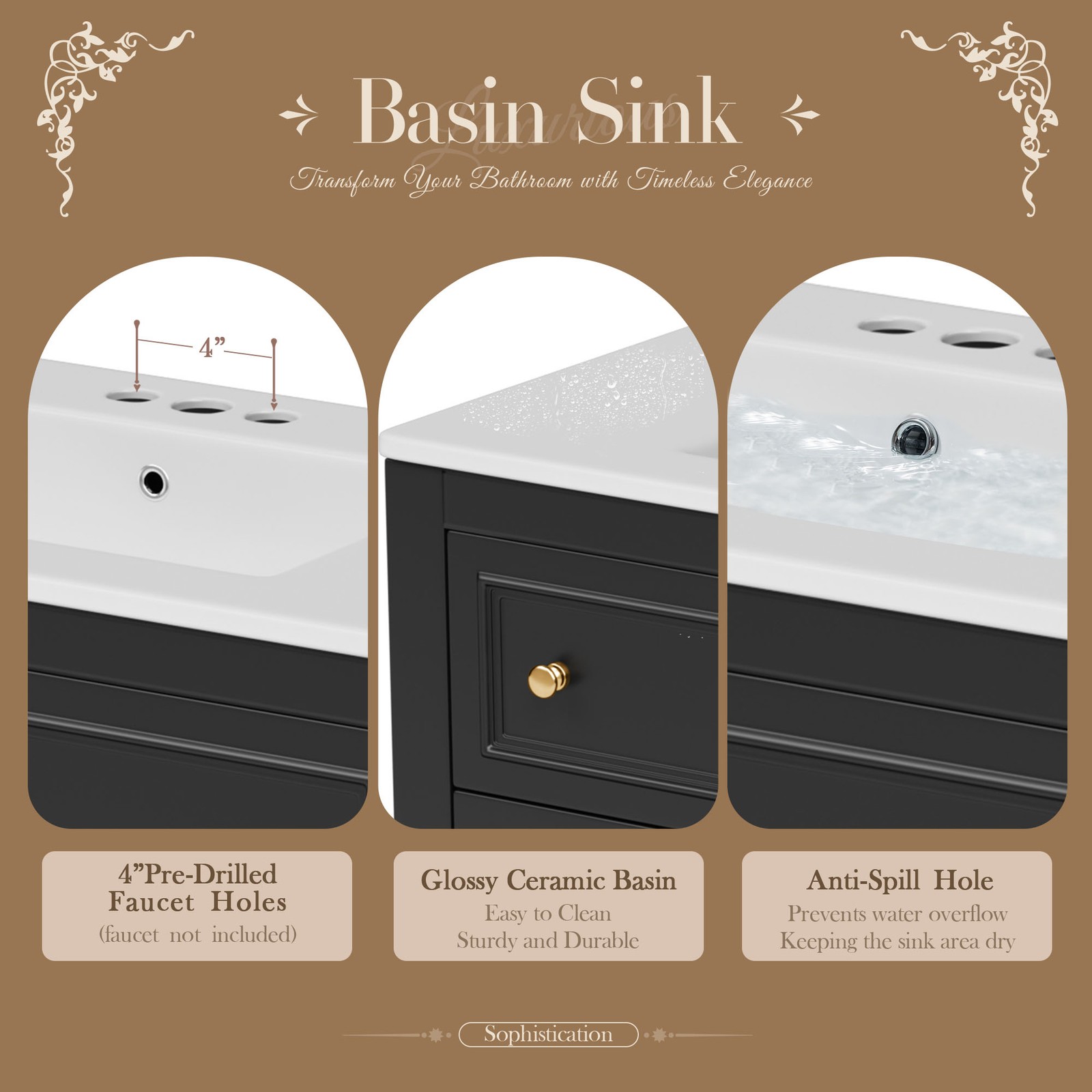 36″ Bathroom Vanity Cabinet with Sink Combo Set, 4 Drawers, Black