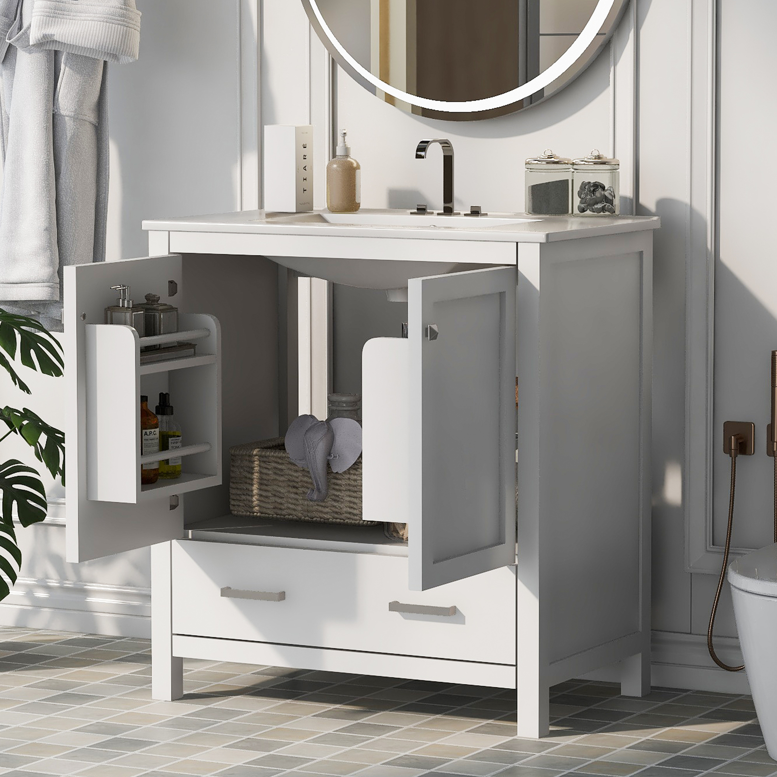 30″ Bathroom Vanity w/White Resin Basin Sink Top with 2 Doors and Big Drawer