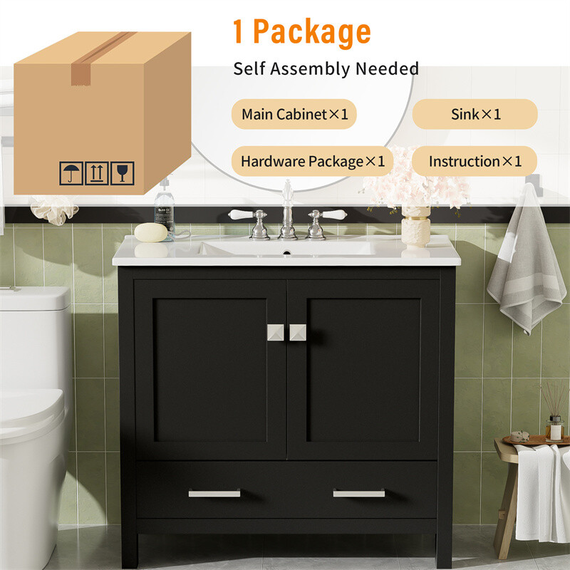 36″ Black Bathroom Vanity with Ceramic Sink Bathroom Cabinet with Ample Storage
