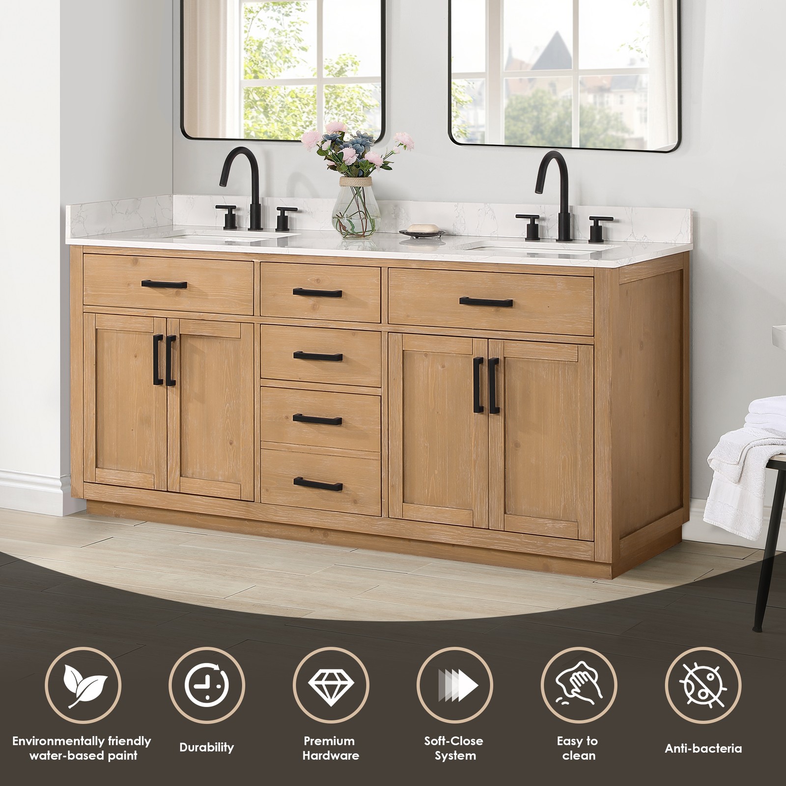 Gavino 72″ Wood Vanity in Light Brown with Composite Stone Top no Mirror