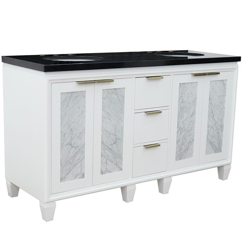 Pemberly Row 61″ Double Oval Sink Solid Wood Vanity in White/Black Galaxy