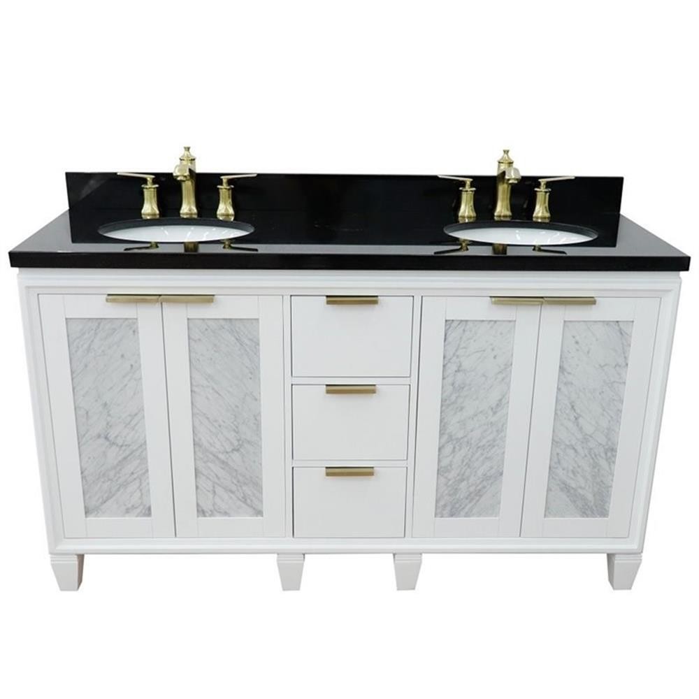 Pemberly Row 61″ Double Oval Sink Solid Wood Vanity in White/Black Galaxy