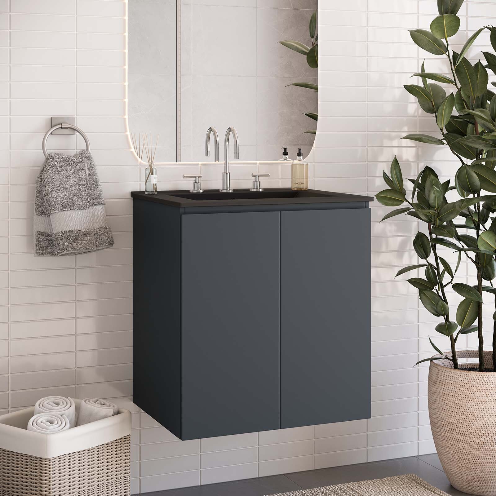 Modway Bryn 24″ Wall-Mount Bathroom Vanity in Gray Black