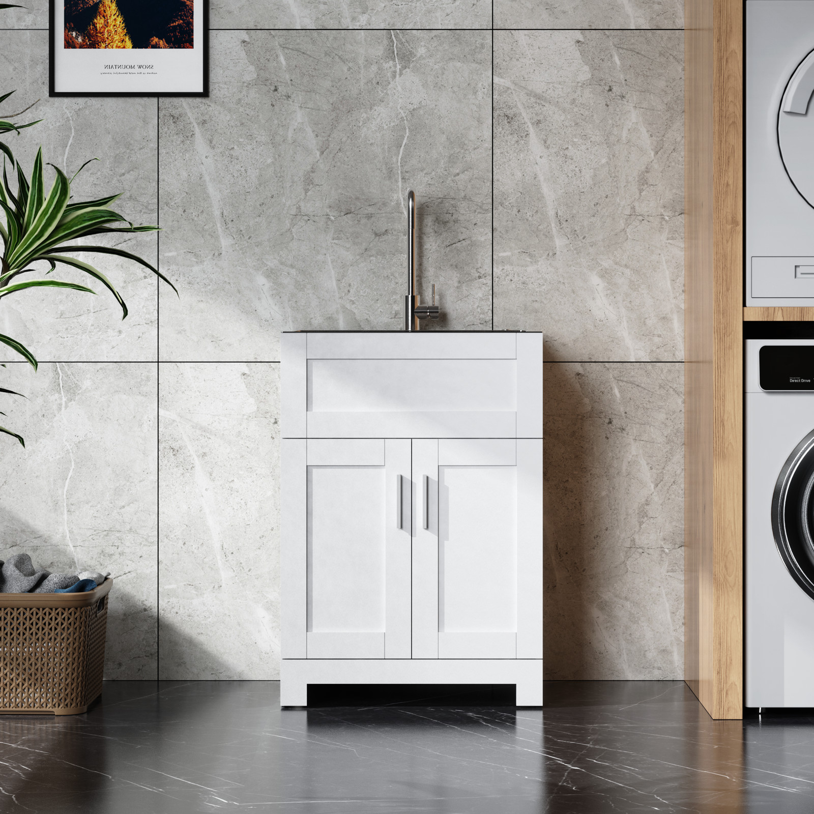 24″ White Laundry Tub Cabinet w/ Stainless Steel Sink & Faucet